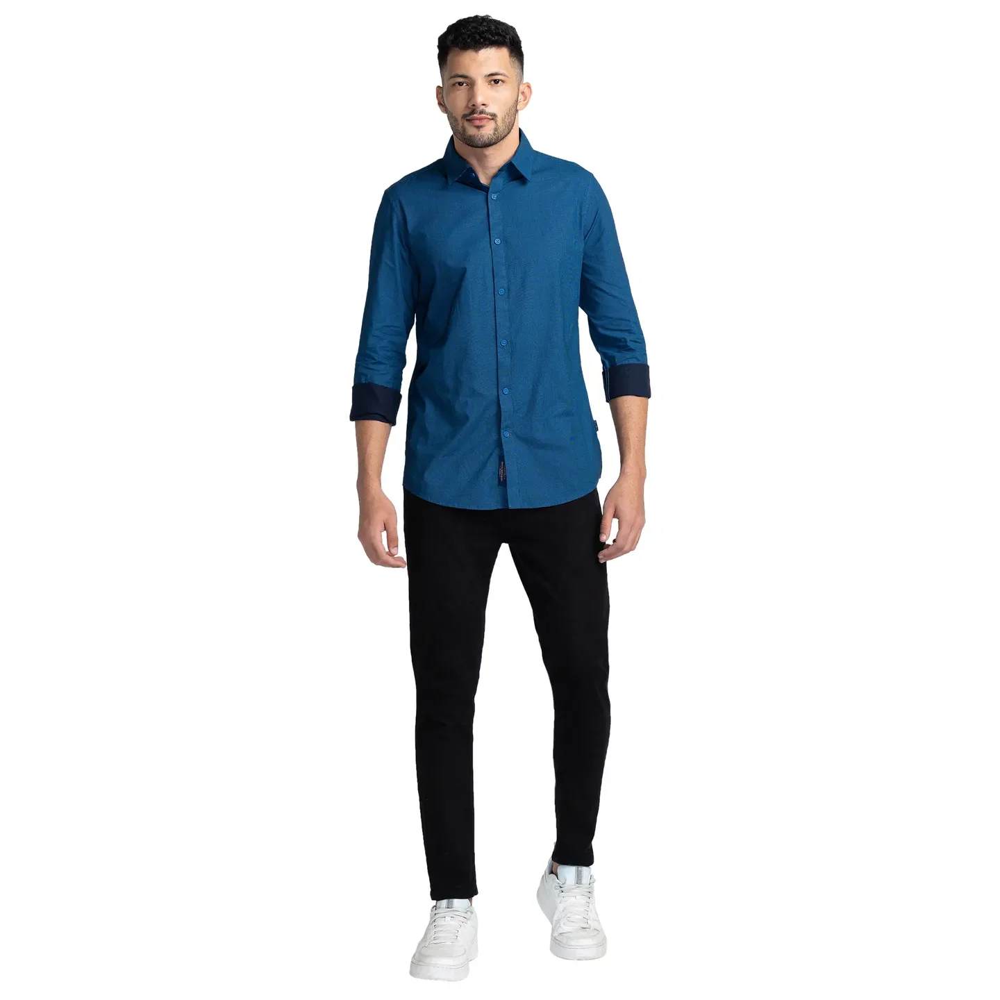 Blue Slim Straight Fit Regular Collar Long Sleeves Cotton Men's Shirt by Being Human Clothing - Image 2