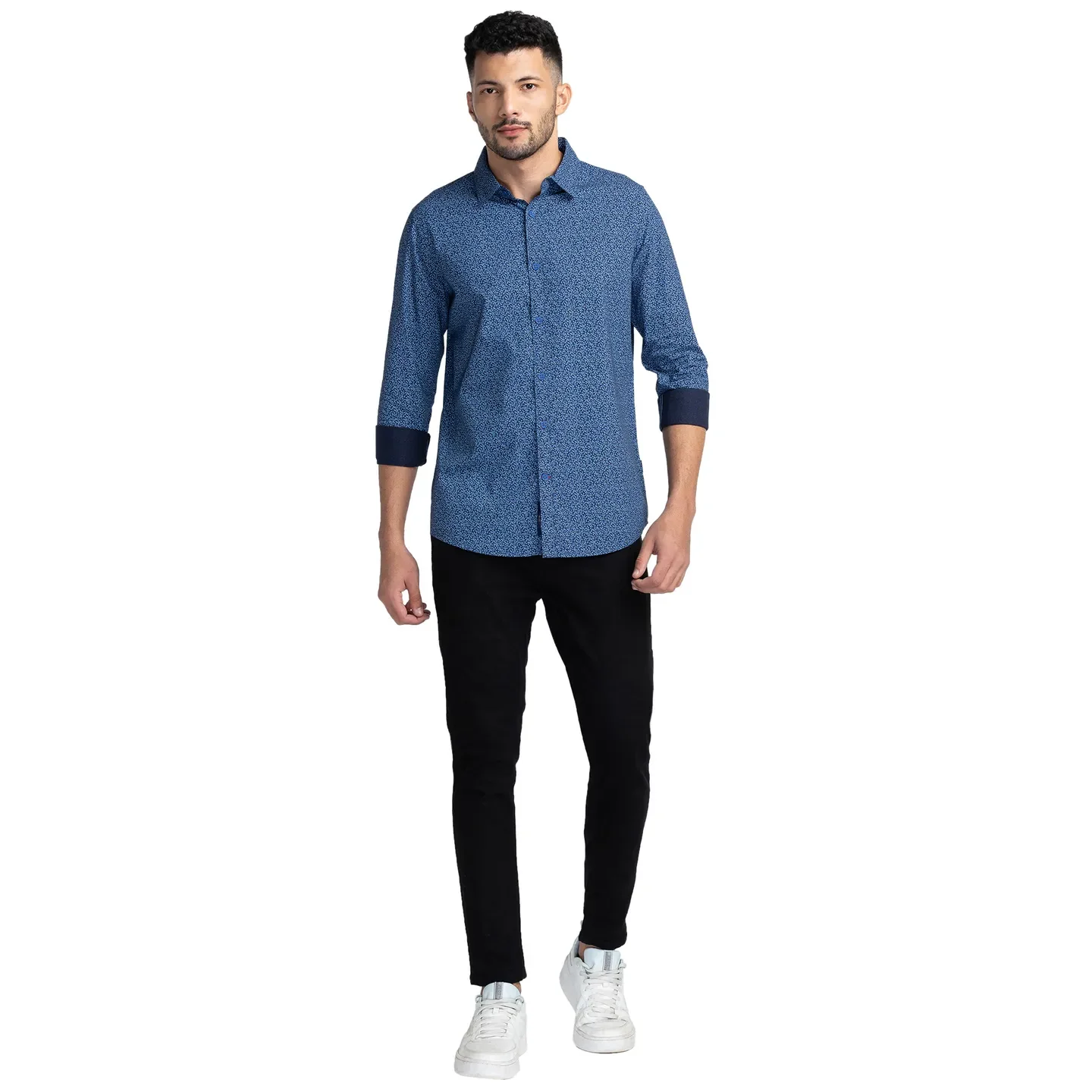 Blue Slim Straight Fit Regular Collar Long Sleeves Cotton Men's Shirt by Being Human Clothing - Image 2