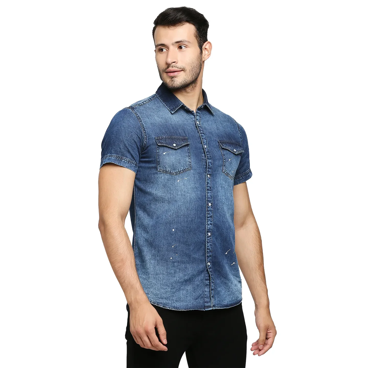 Blue Slim Straight Fit Regular Collar Short Sleeves Cotton Men's Shirt by Being Human Clothing - Image 3