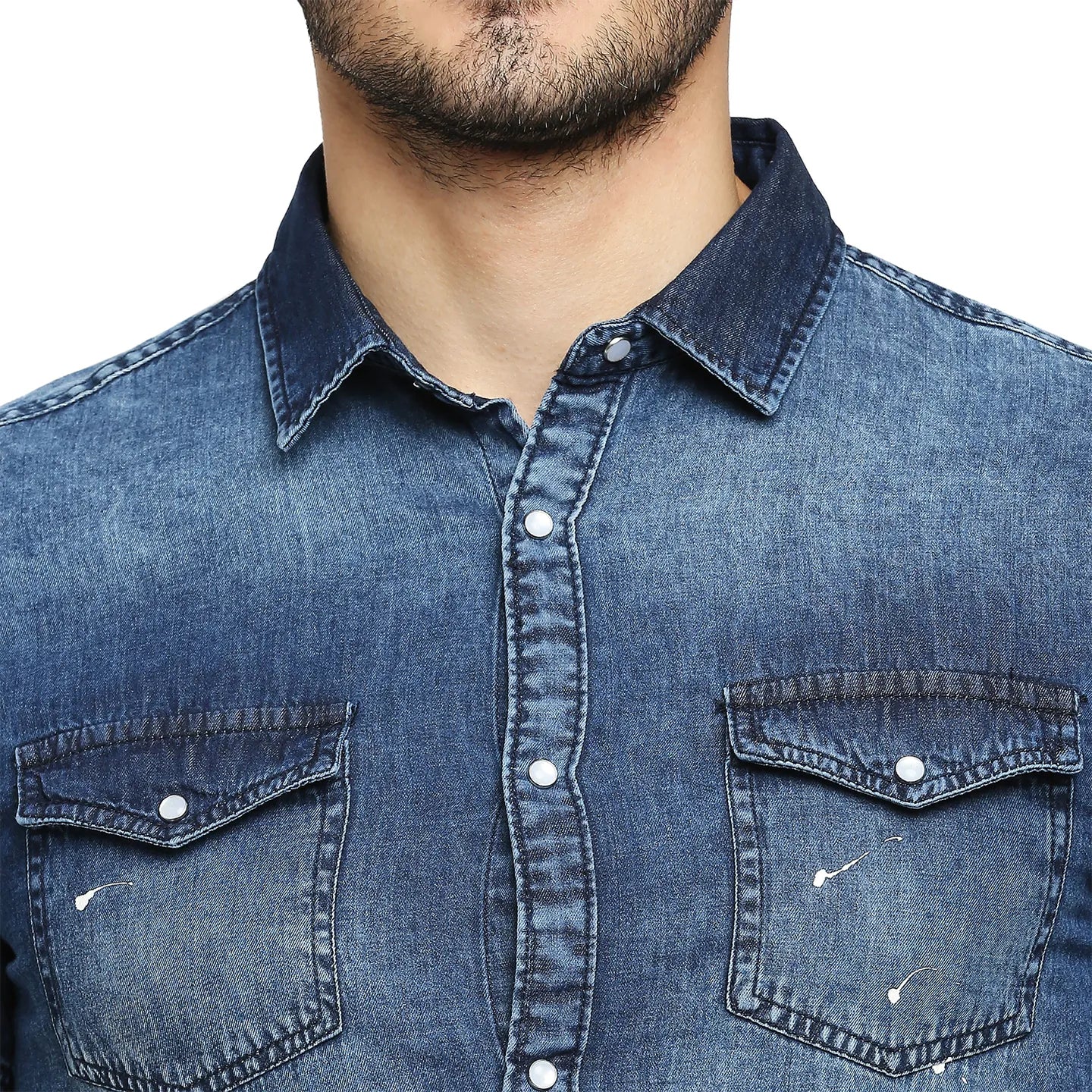 Blue Slim Straight Fit Regular Collar Short Sleeves Cotton Men's Shirt by Being Human Clothing - Image 5