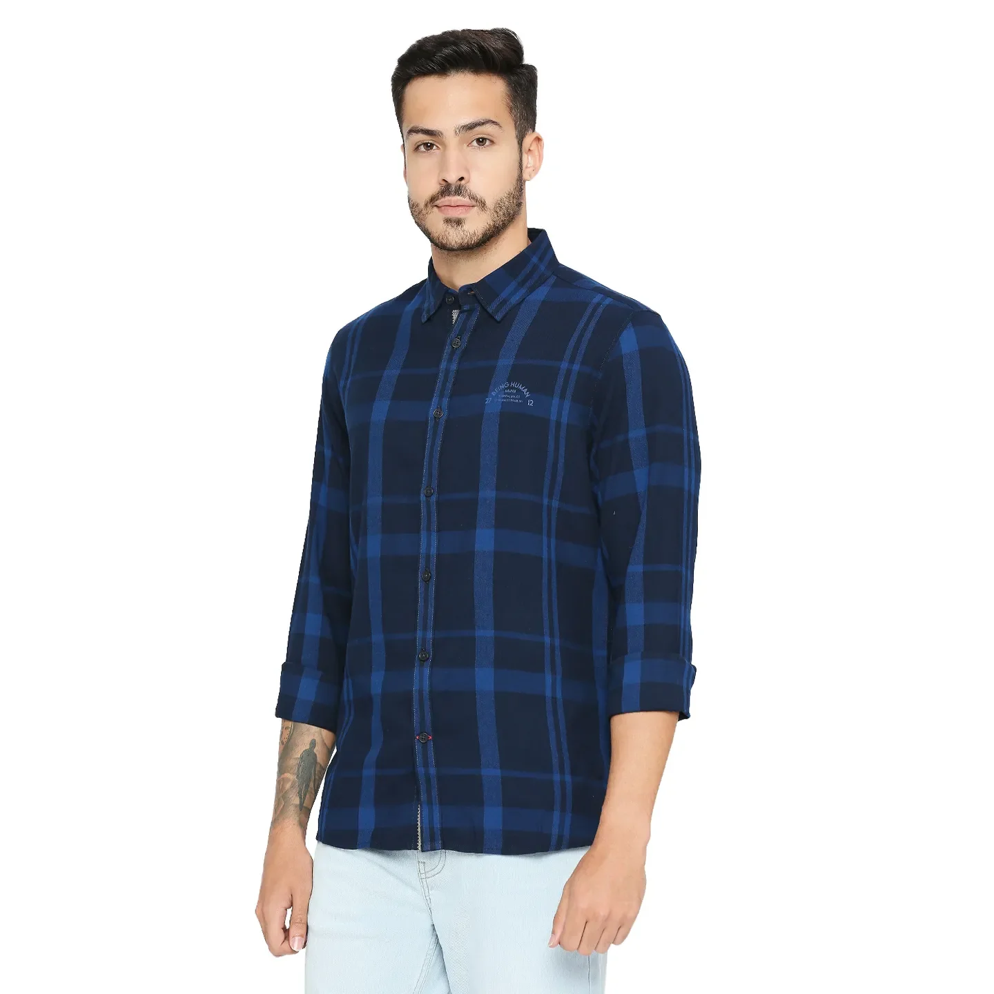 Blue Slim Straight Fit Regular Collar Short Sleeves Cotton Men's Shirt by Being Human Clothing - Image 2