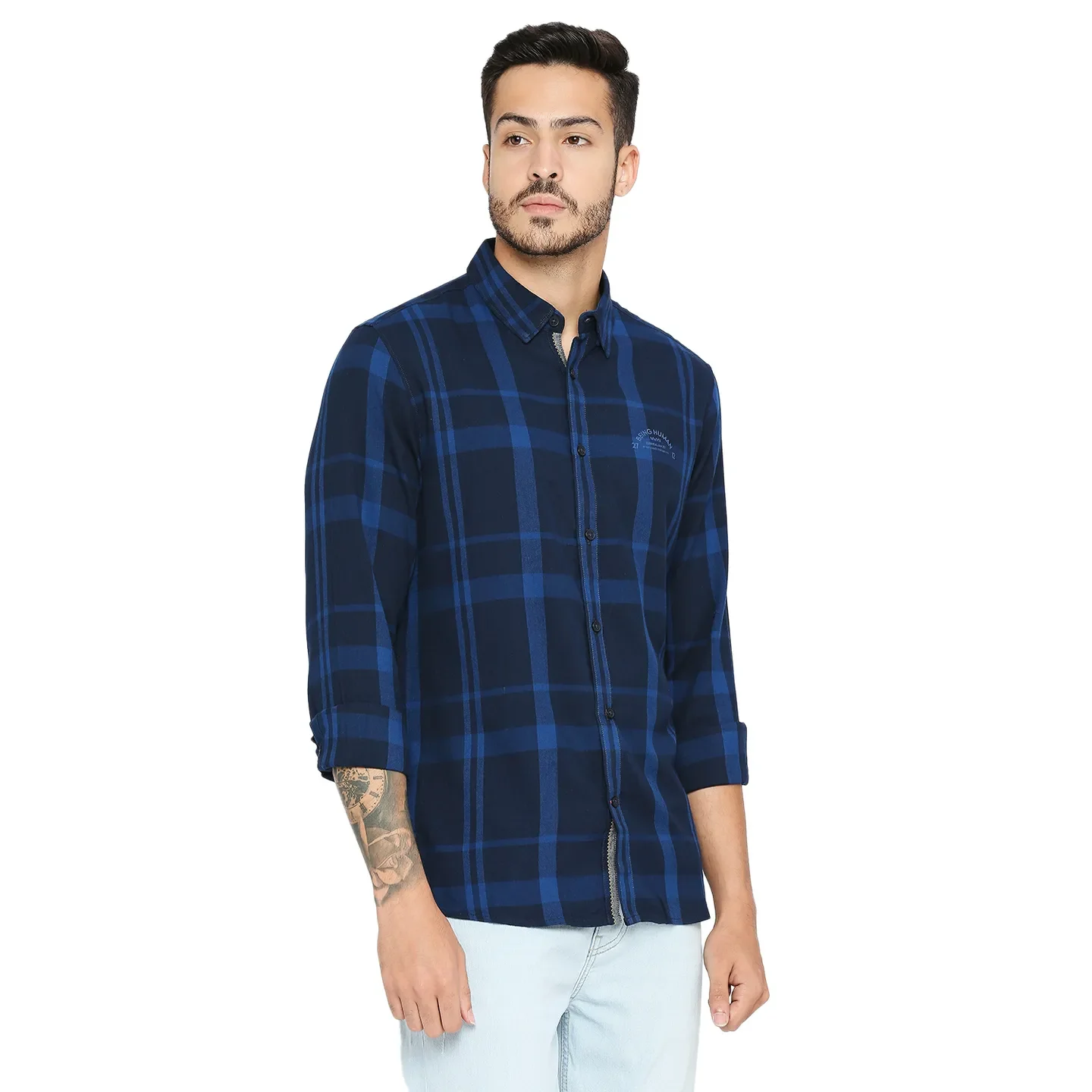 Blue Slim Straight Fit Regular Collar Short Sleeves Cotton Men's Shirt by Being Human Clothing - Image 3