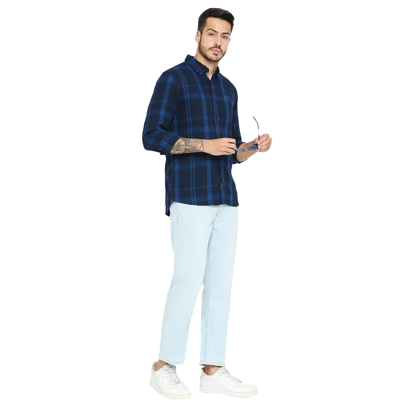 Blue Slim Straight Fit Regular Collar Short Sleeves Cotton Men's Shirt by Being Human Clothing - Image 6