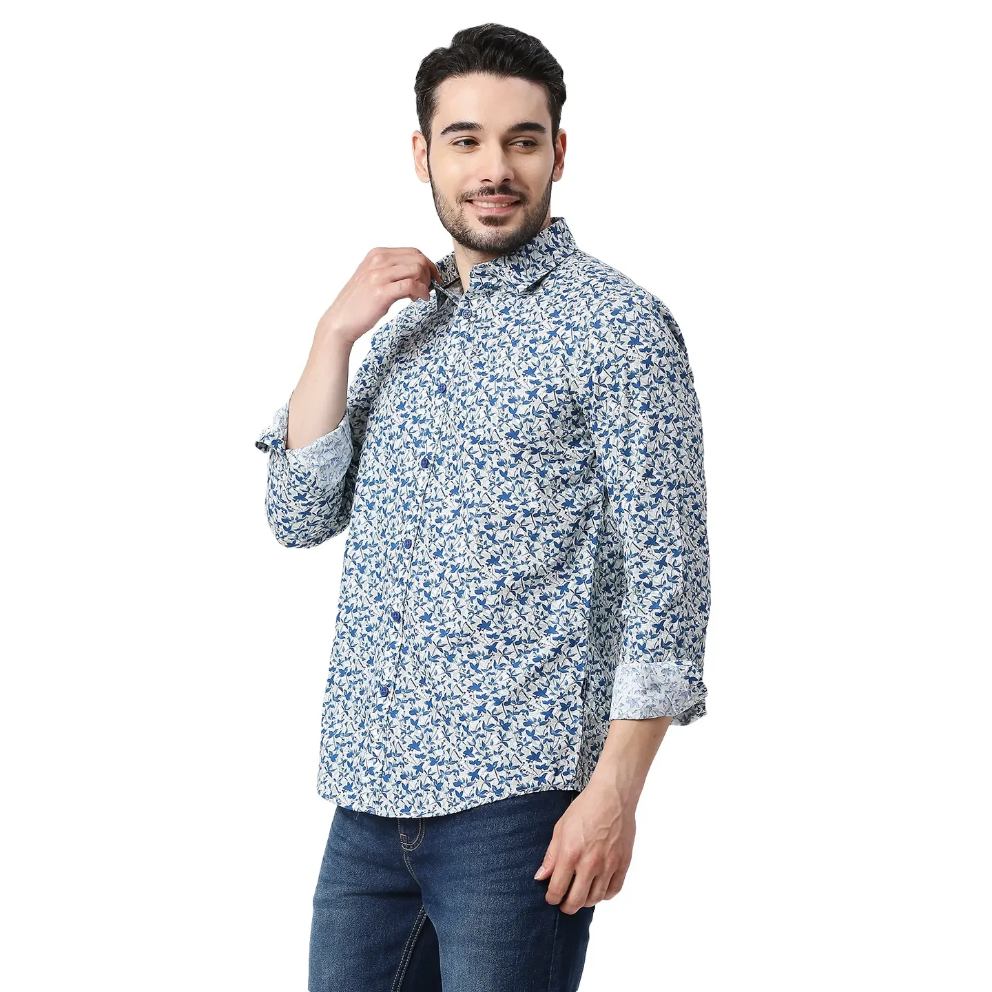 Blue Slim Straight Fit Regular Collar Long Sleeves Cotton Men's Shirt by Being Human Clothing - Image 2