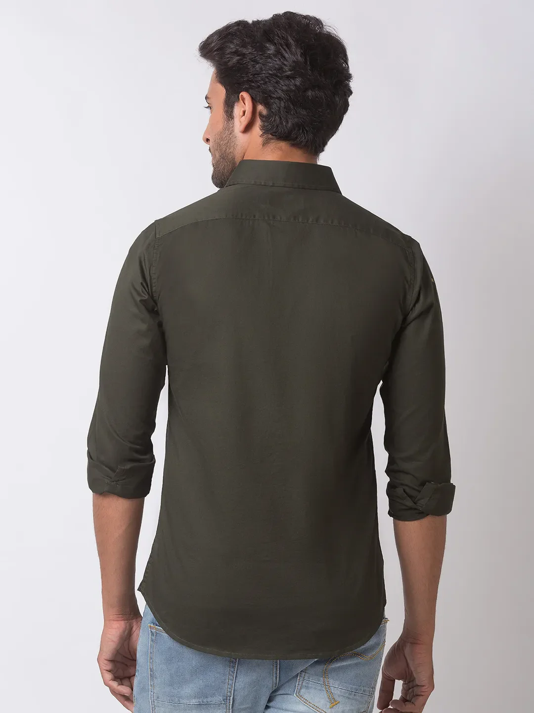 Green Slim Straight Fit Regular Collar Long Sleeves Cotton Men's Shirt by Being Human Clothing - Image 4