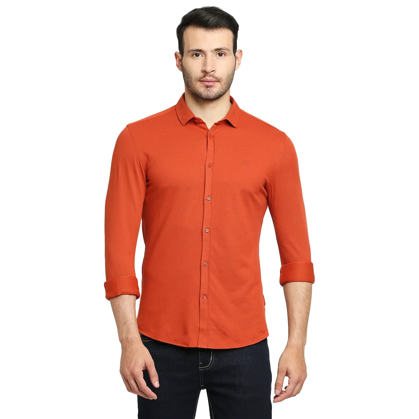Orange Skinny Straight Fit Regular Collar Long Sleeves Cotton Men's Shirt by Being Human Clothing