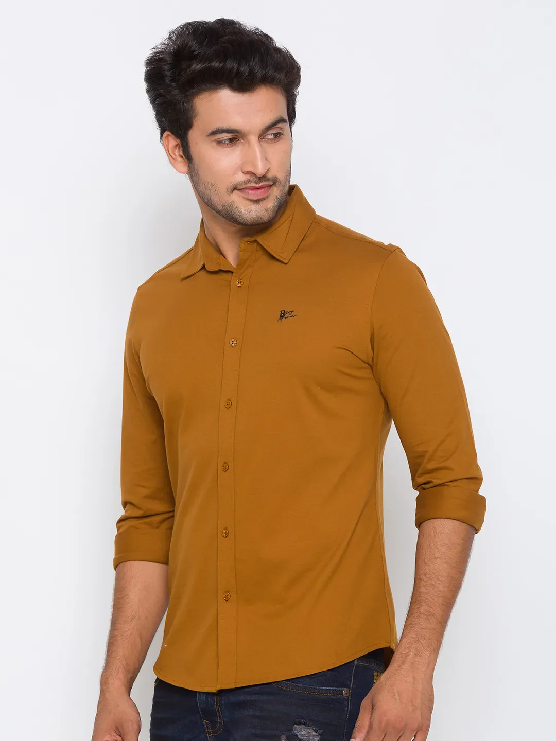 Brown Slim Straight Fit Regular Collar Long Sleeves Cotton Men's Shirt by Being Human Clothing