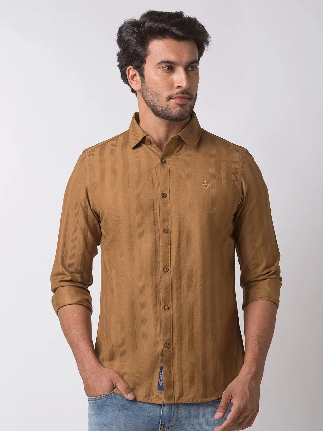 Brown Slim Straight Fit Regular Collar Long Sleeves Cotton Men's Shirt by Being Human Clothing