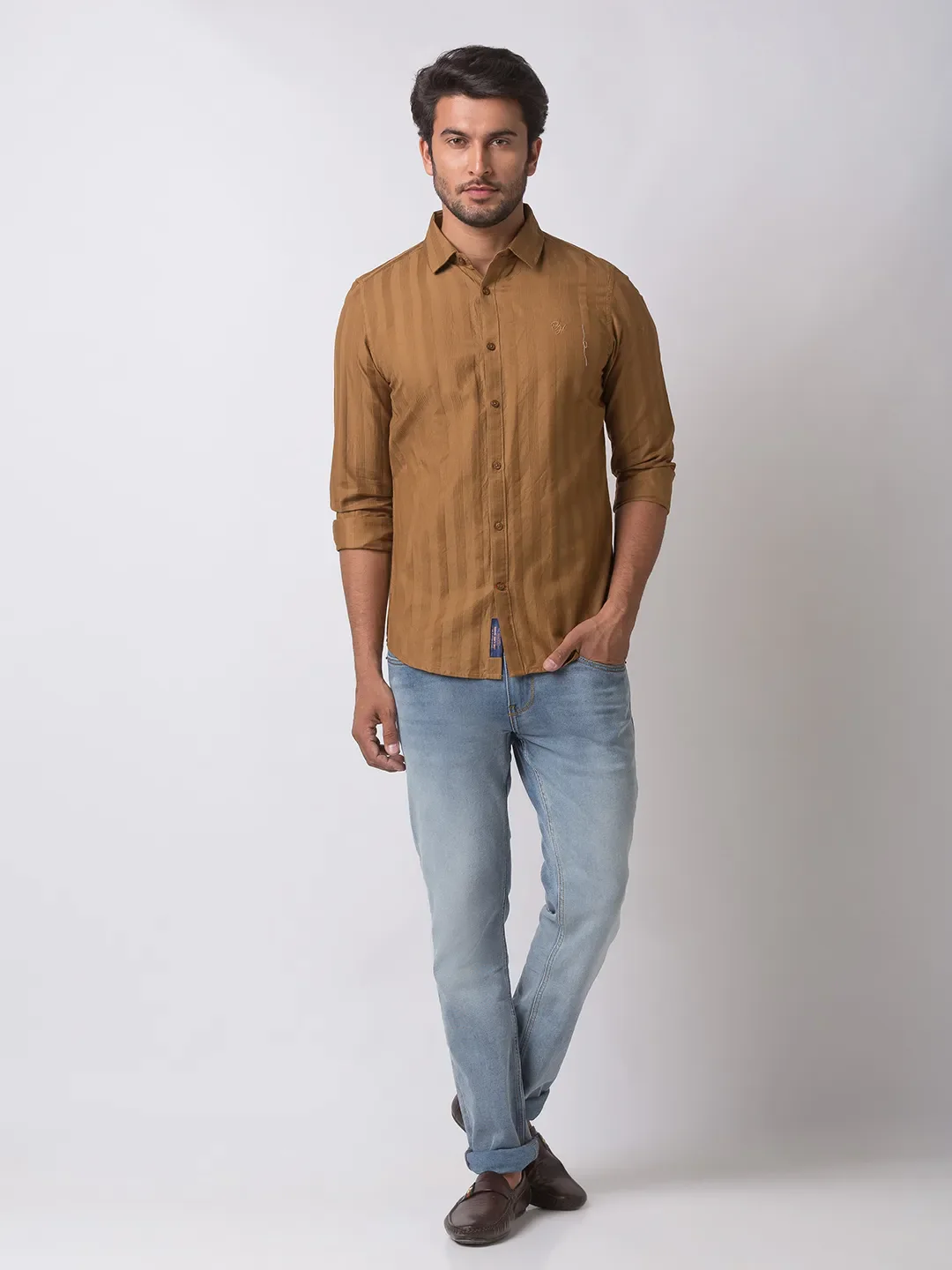 Brown Slim Straight Fit Regular Collar Long Sleeves Cotton Men's Shirt by Being Human Clothing - Image 5