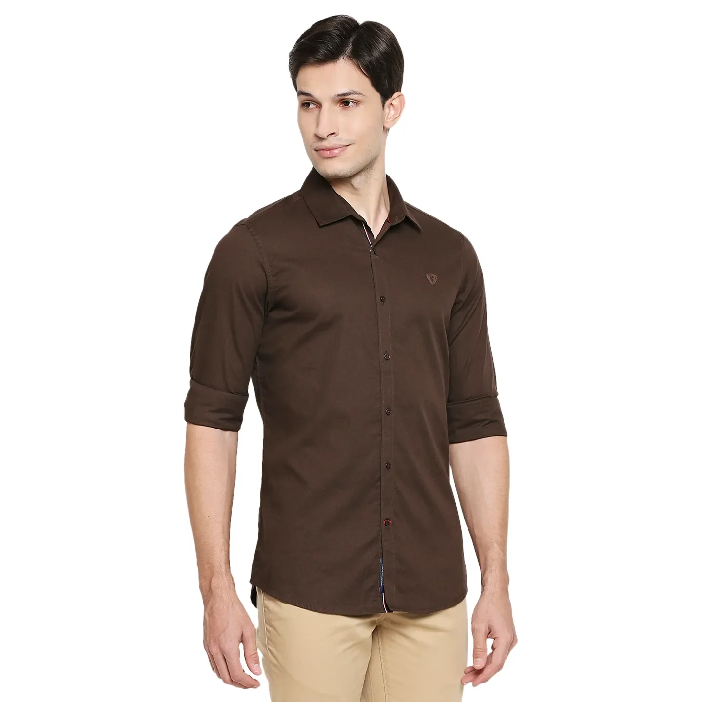 Brown Slim Straight Fit Regular Collar Long Sleeves Cotton Men's Shirt by Being Human Clothing - Image 3