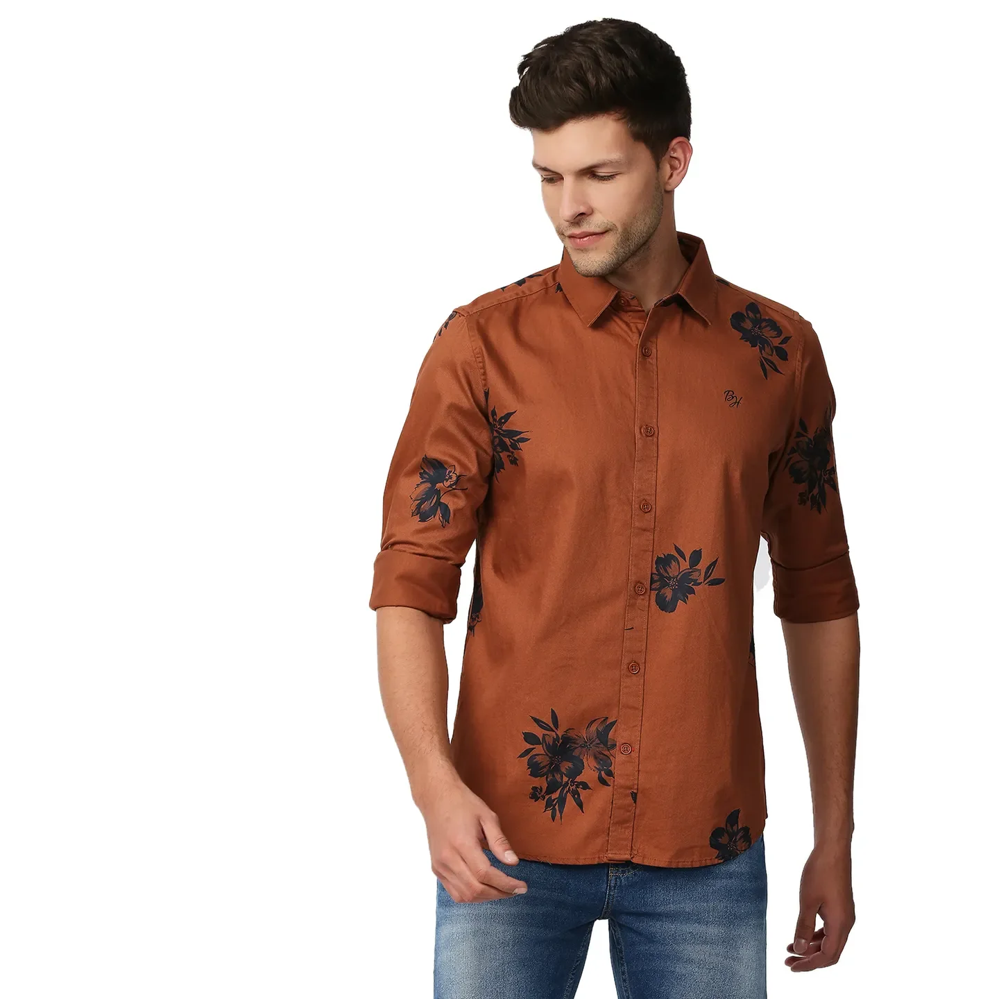 Brown Slim Straight Fit Regular Collar Long Sleeves Men's Shirt by Being Human Clothing