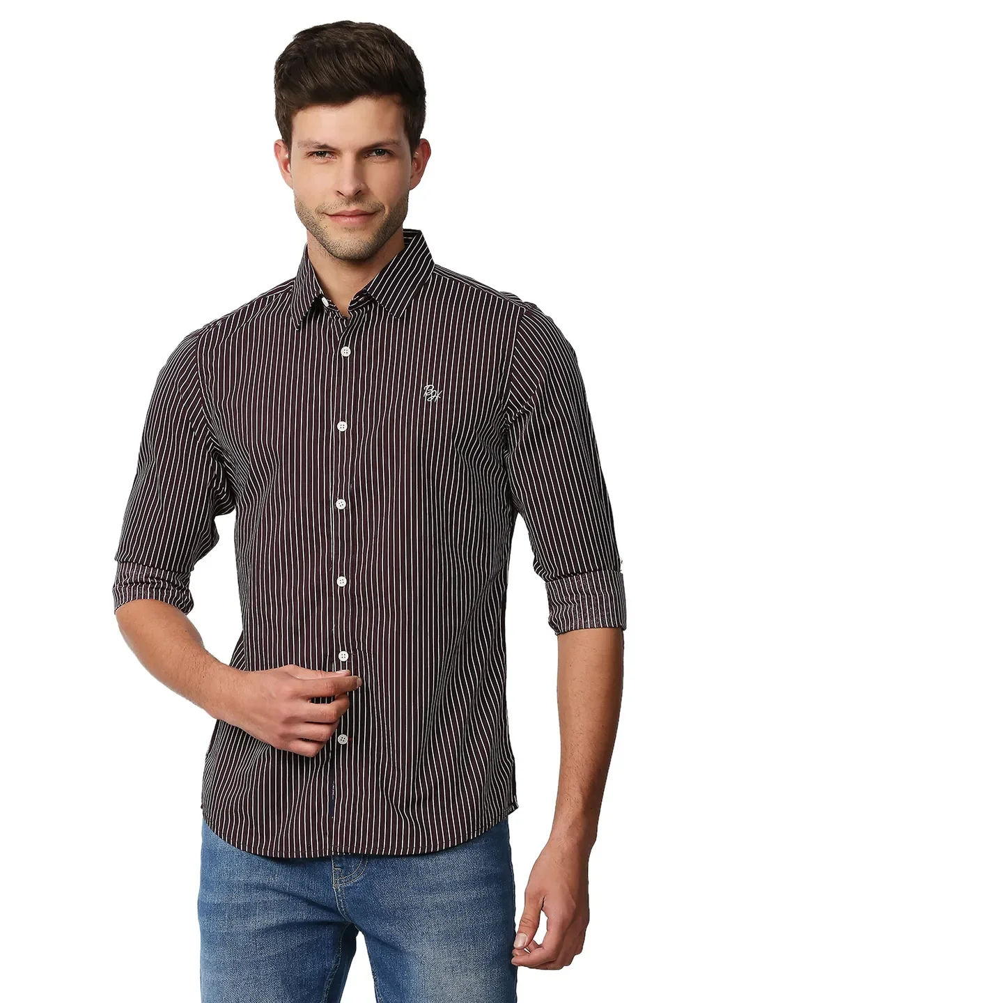 Brown Slim Straight Fit Regular Collar Long Sleeves Cotton Men's Shirt by Being Human Clothing