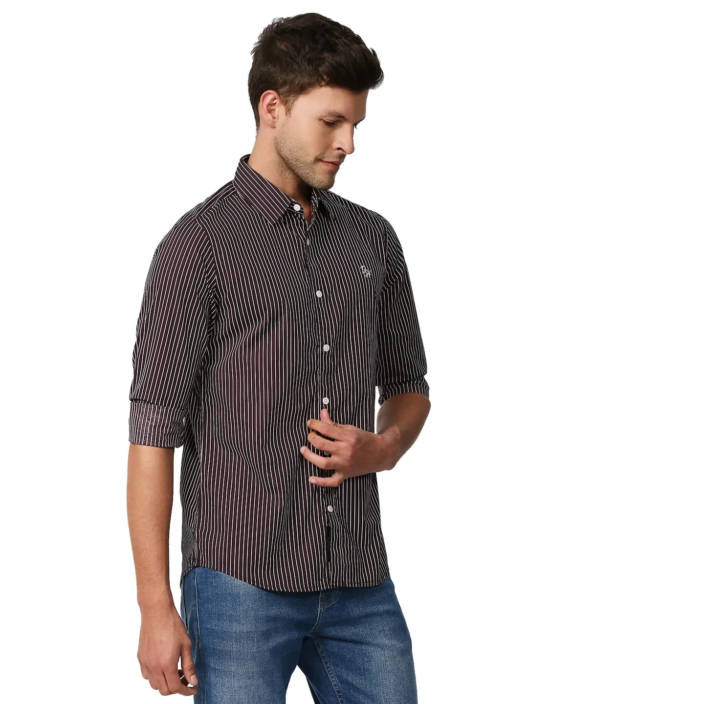Brown Slim Straight Fit Regular Collar Long Sleeves Cotton Men's Shirt by Being Human Clothing - Image 3