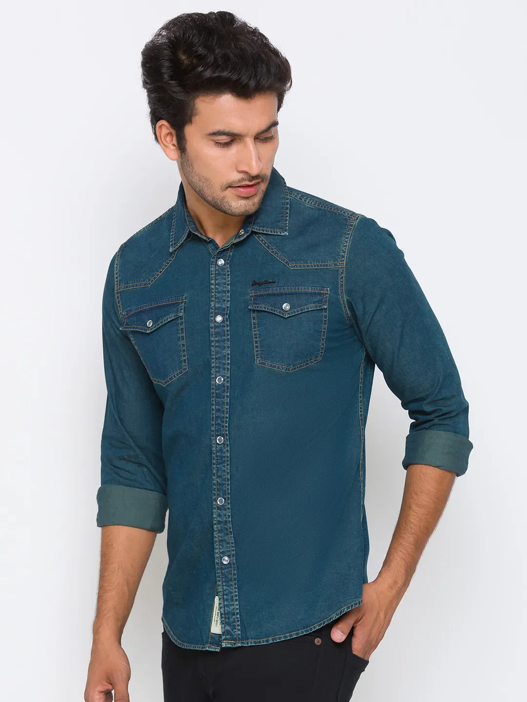 Green Slim Straight Fit Regular Collar Long Sleeves Cotton Men's Shirt by Being Human Clothing