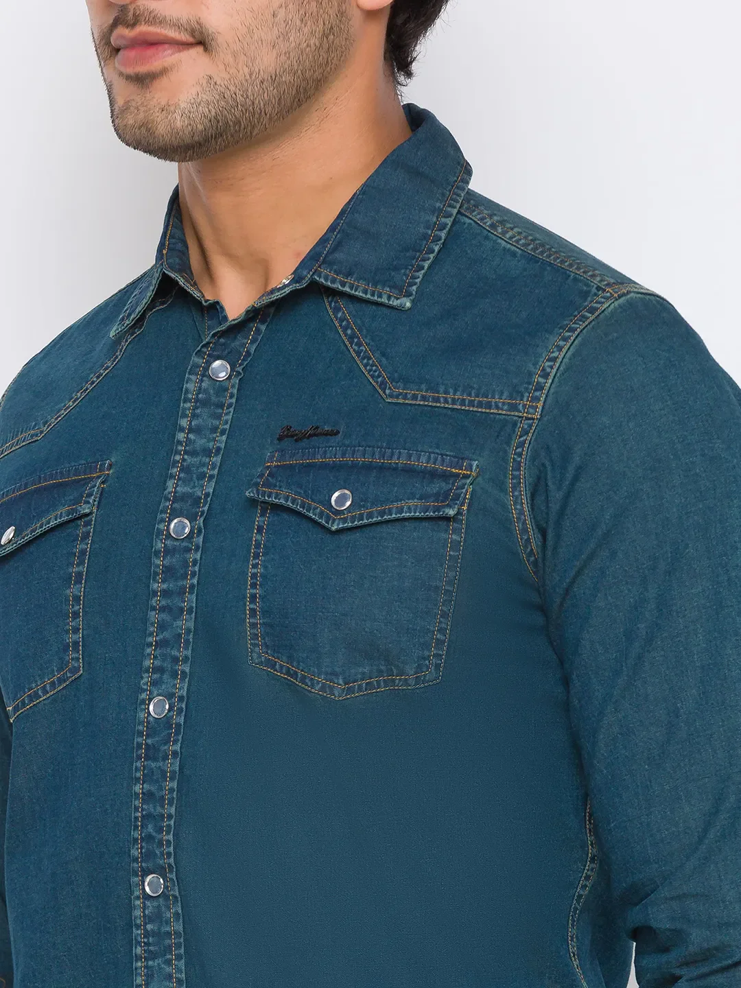 Green Slim Straight Fit Regular Collar Long Sleeves Cotton Men's Shirt by Being Human Clothing - Image 2