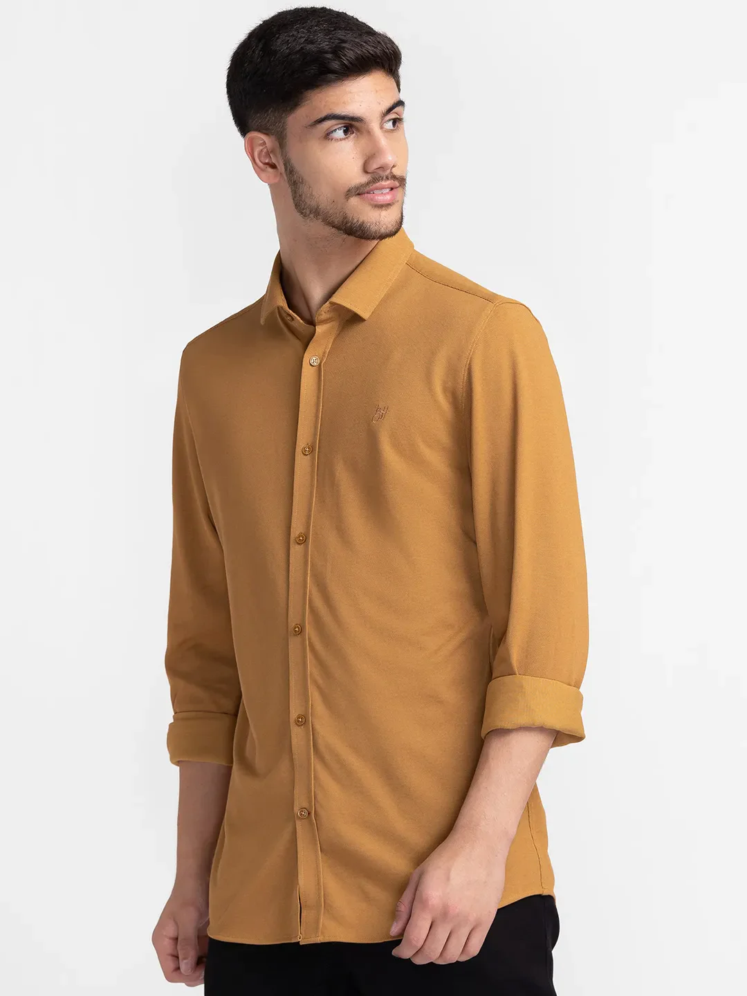 Brown Slim Straight Fit Regular Collar Long Sleeves Cotton Men's Shirt by Being Human Clothing - Image 4