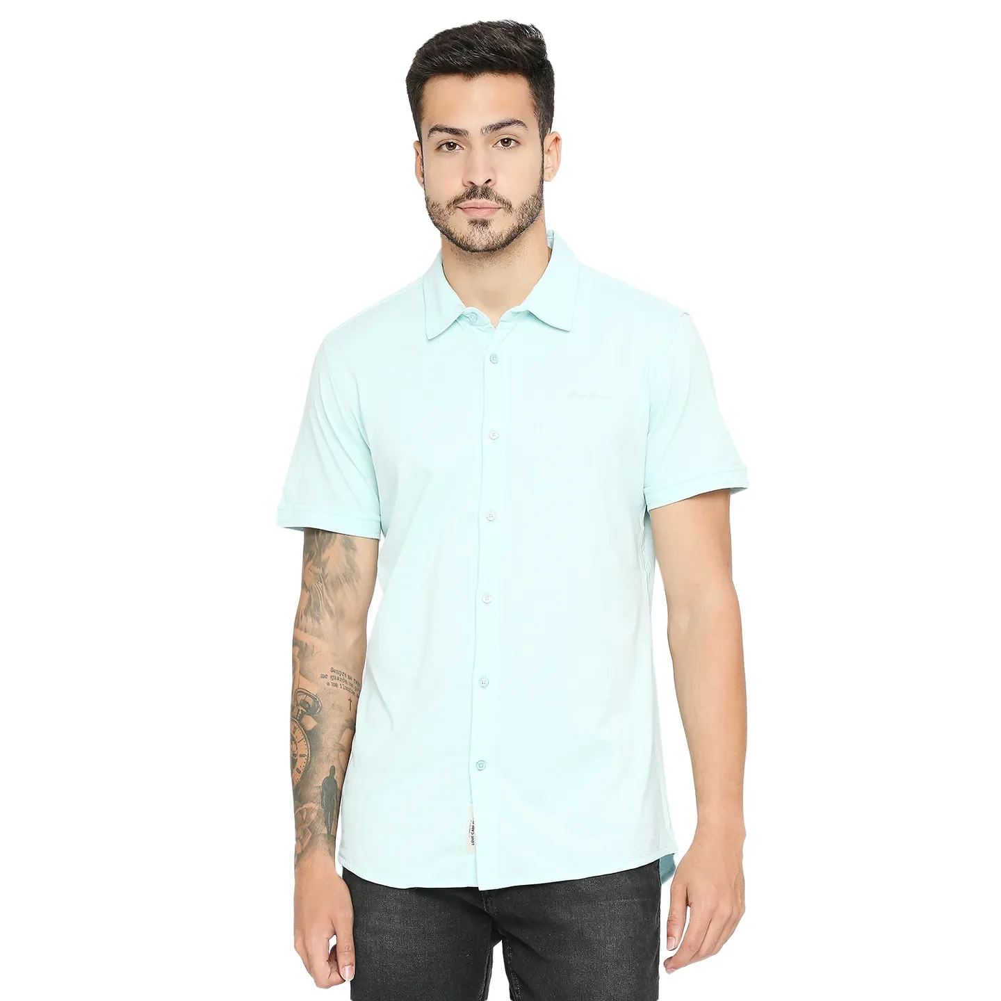 Green Slim Straight Fit Regular Collar Short Sleeves Cotton Men's Shirt by Being Human Clothing