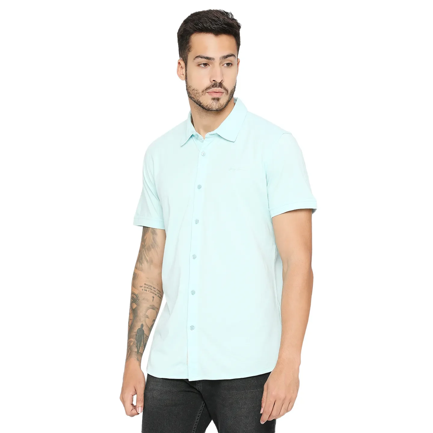Green Slim Straight Fit Regular Collar Short Sleeves Cotton Men's Shirt by Being Human Clothing - Image 2