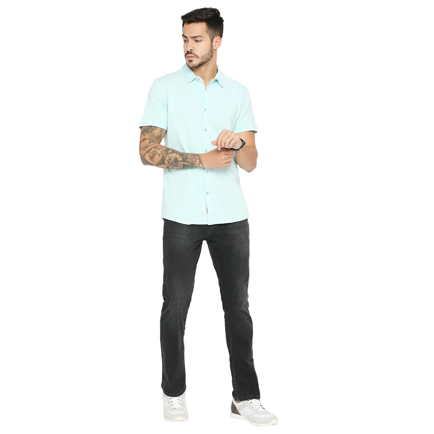Green Slim Straight Fit Regular Collar Short Sleeves Cotton Men's Shirt by Being Human Clothing - Image 6