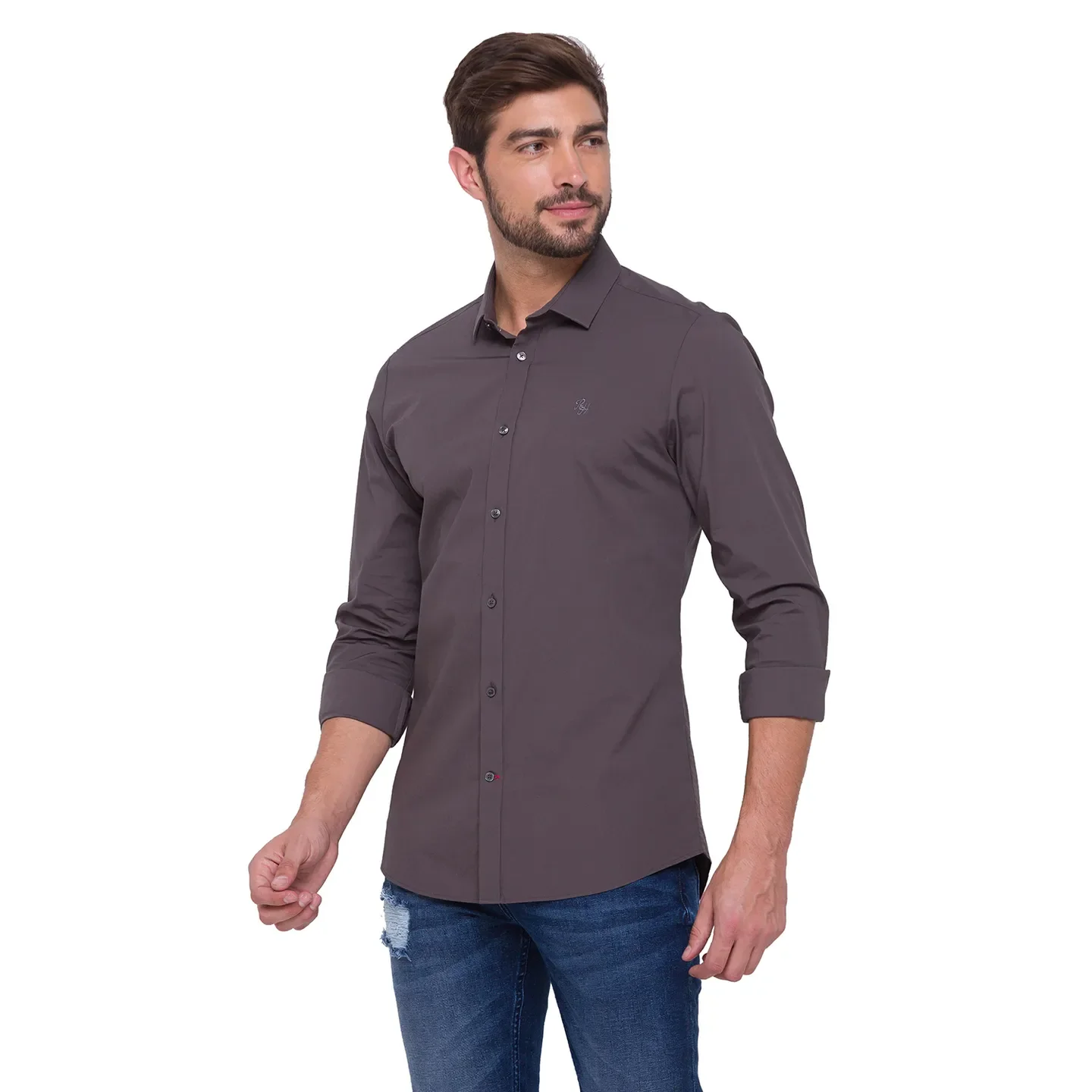 Grey Slim Straight Fit Regular Collar Long Sleeves Cotton Men's Shirt by Being Human Clothing - Image 3