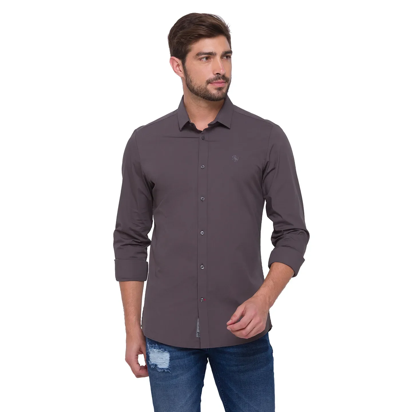 Grey Slim Straight Fit Regular Collar Long Sleeves Cotton Men's Shirt by Being Human Clothing - Image 5