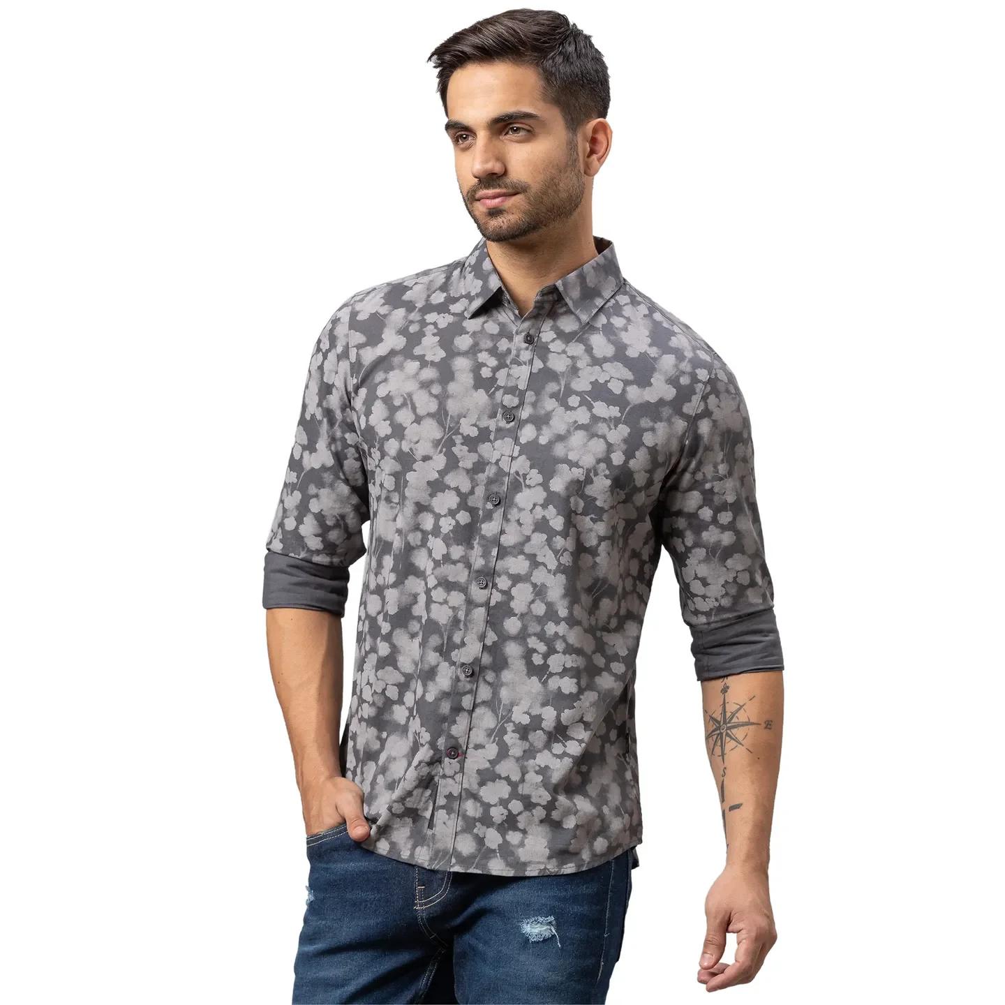 Grey Slim Straight Fit Regular Collar Long Sleeves Cotton Men's Shirt by Being Human Clothing - Image 4