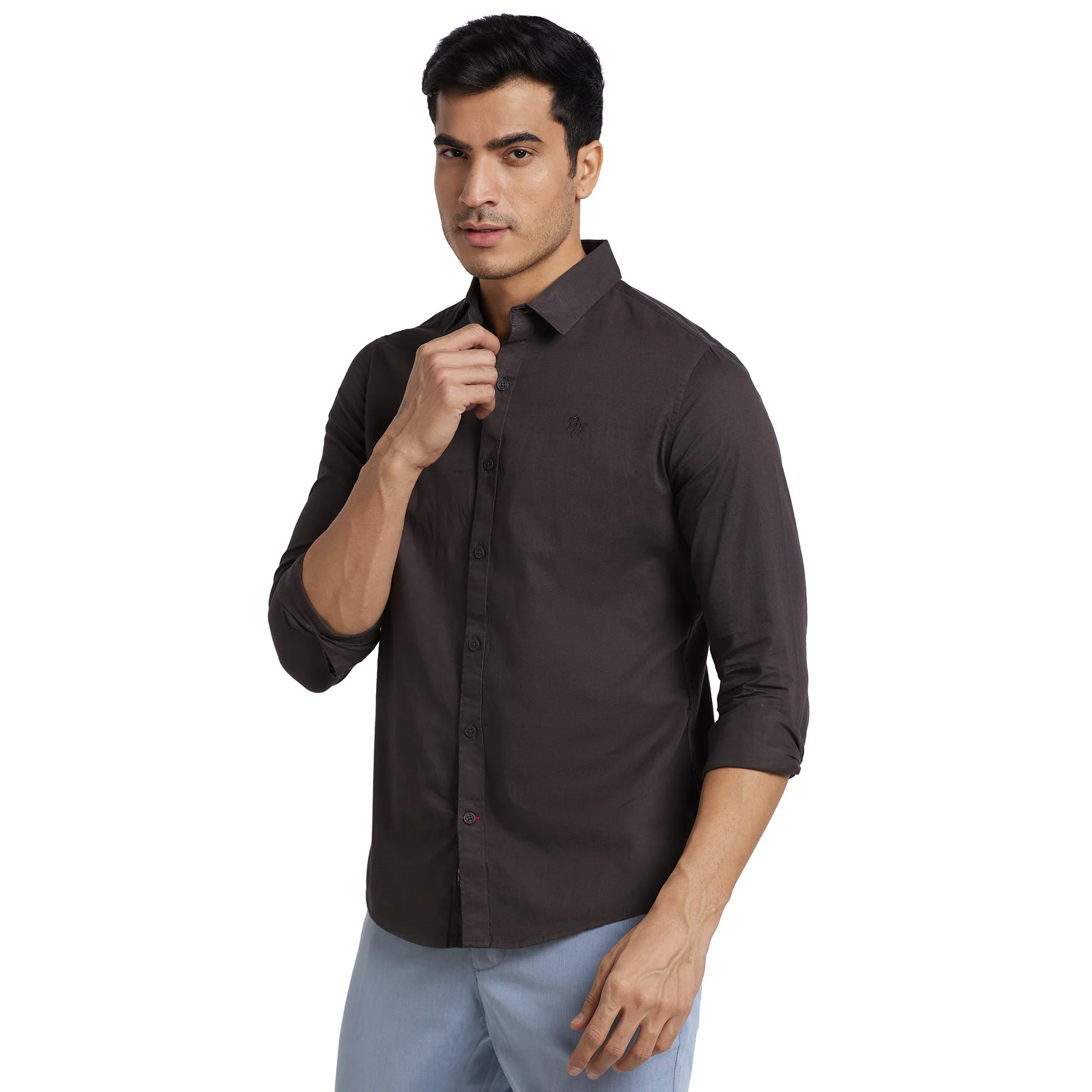 Grey Slim Straight Fit Regular Collar Long Sleeves Cotton Men's Shirt by Being Human Clothing - Image 2