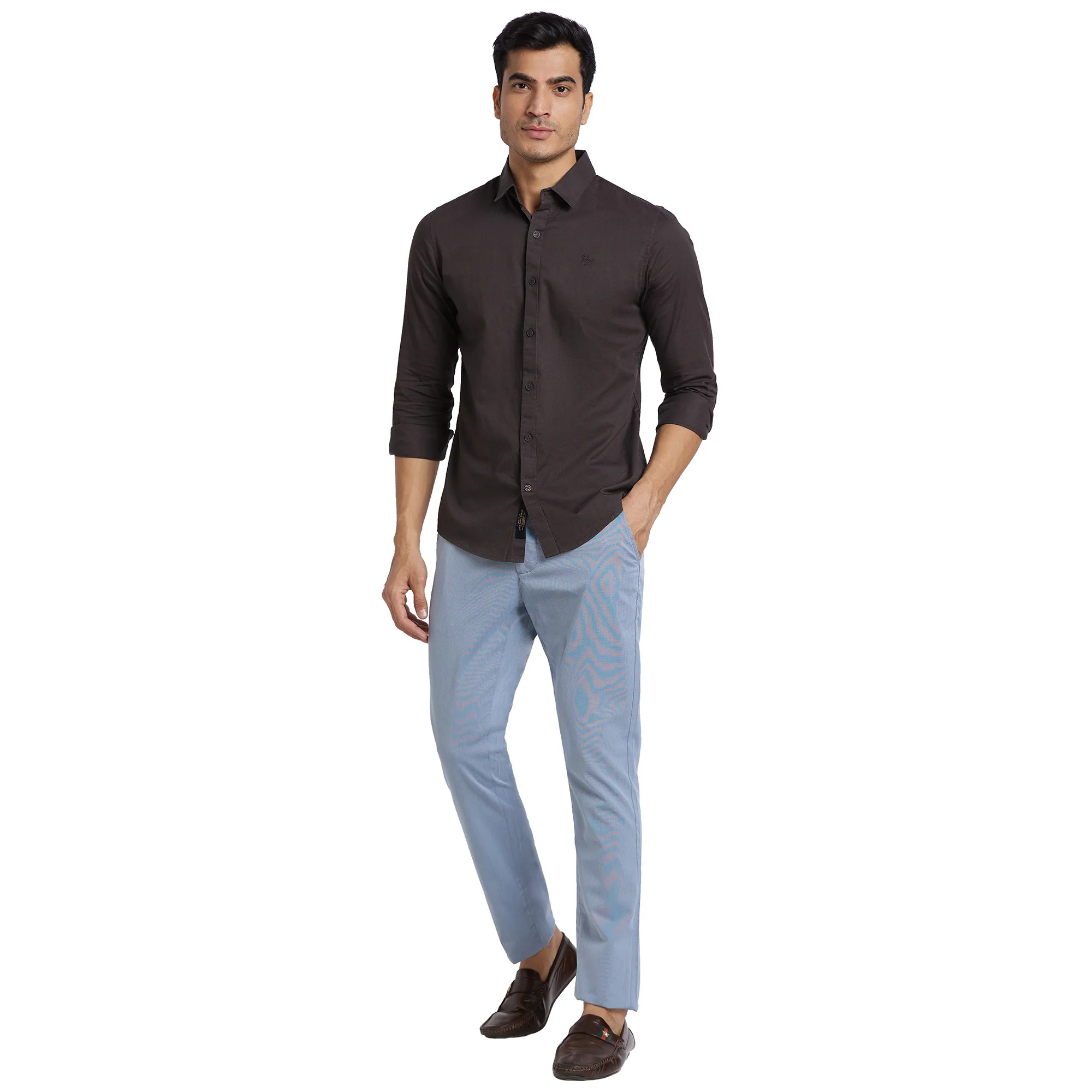 Grey Slim Straight Fit Regular Collar Long Sleeves Cotton Men's Shirt by Being Human Clothing - Image 4