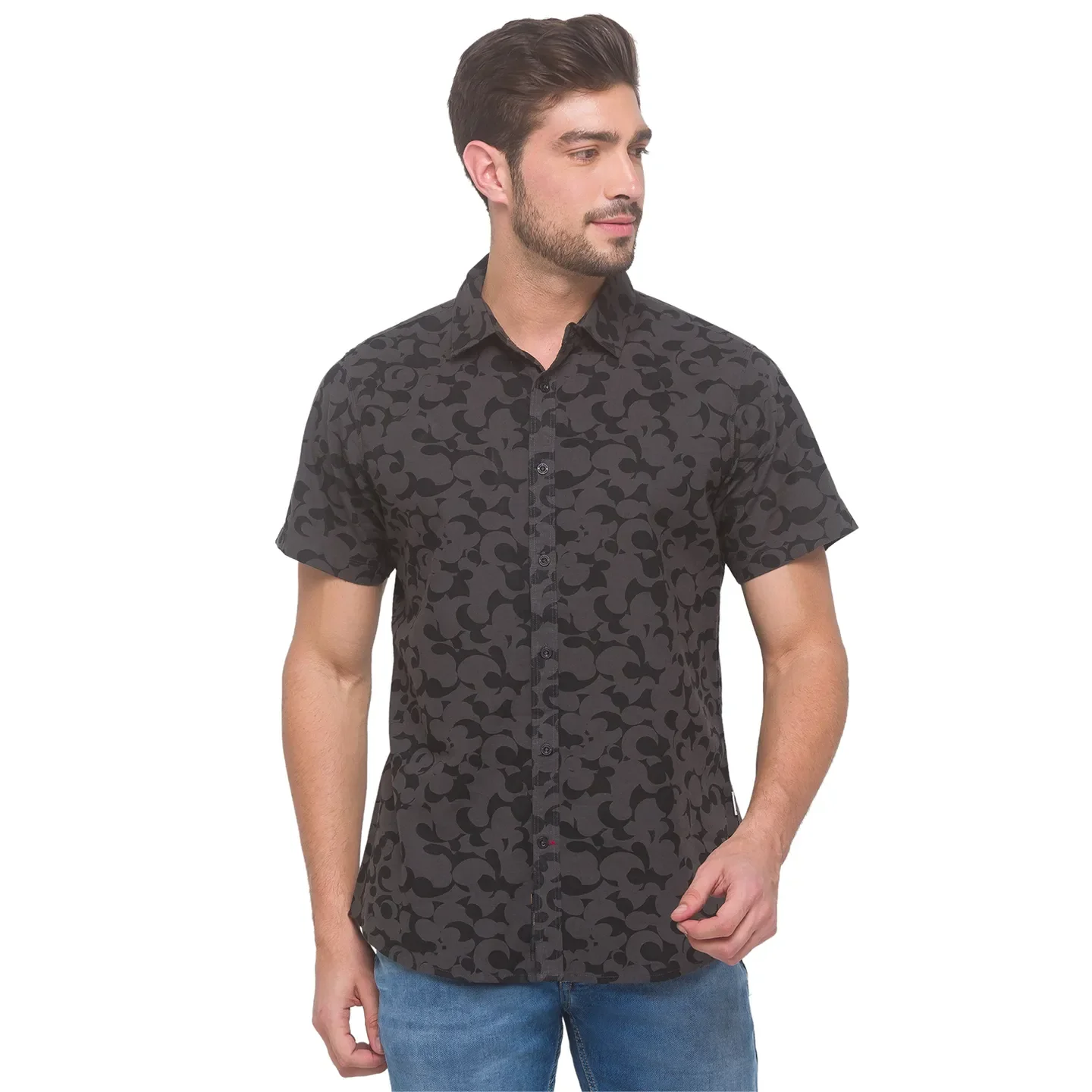 Grey Slim Straight Fit Regular Collar Short Sleeves Cotton Men's Shirt by Being Human Clothing - Image 3