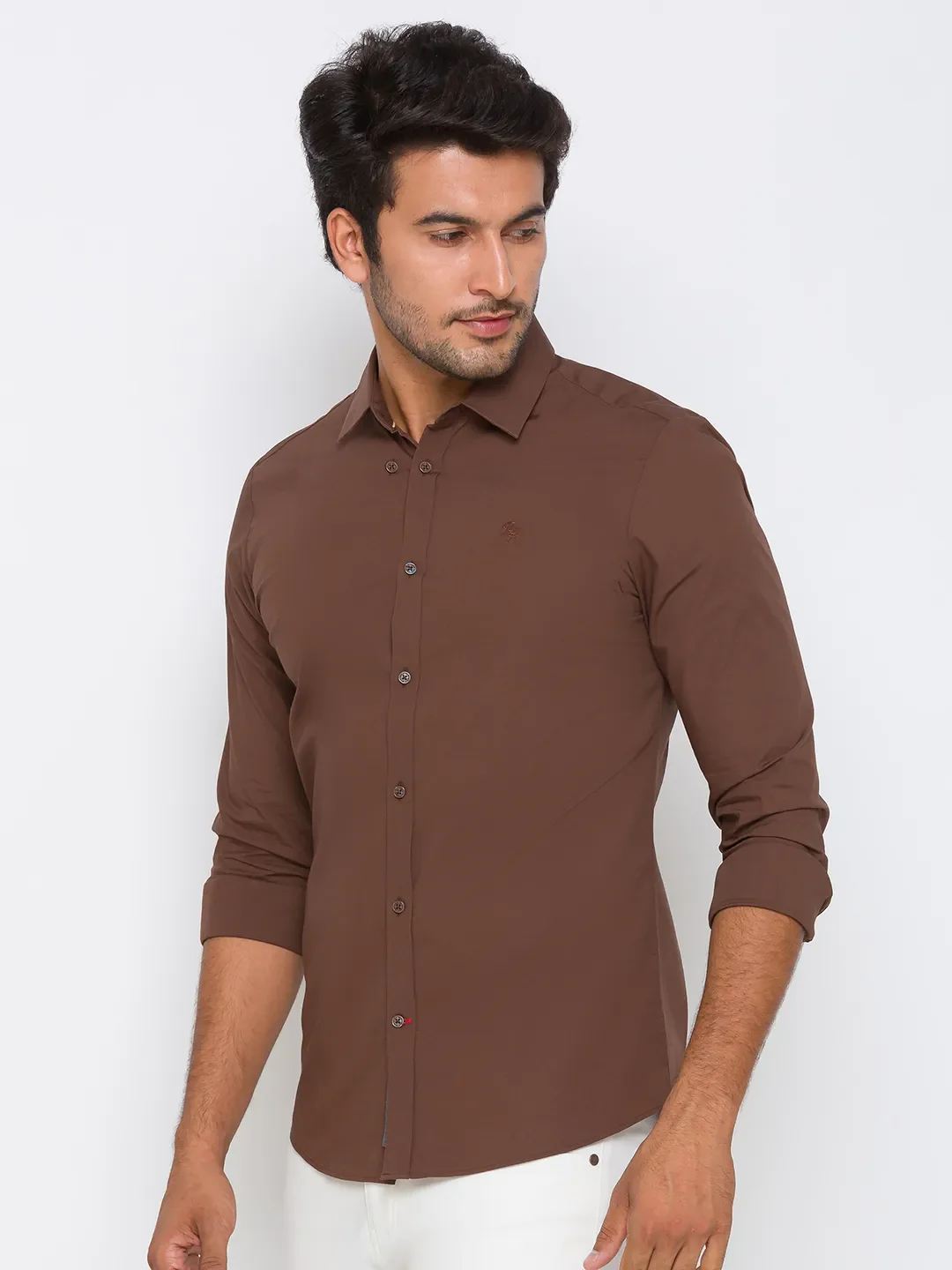 Brown Slim Straight Fit Regular Collar Long Sleeves Cotton Men's Shirt by Being Human Clothing - Image 2