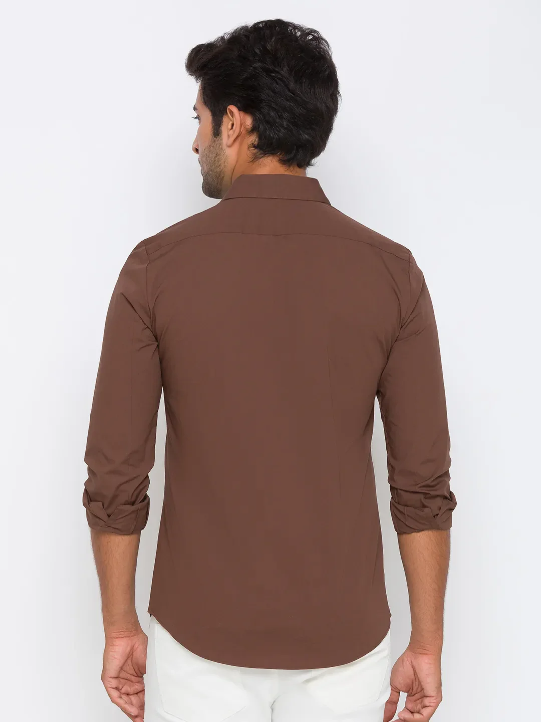 Brown Slim Straight Fit Regular Collar Long Sleeves Cotton Men's Shirt by Being Human Clothing - Image 3