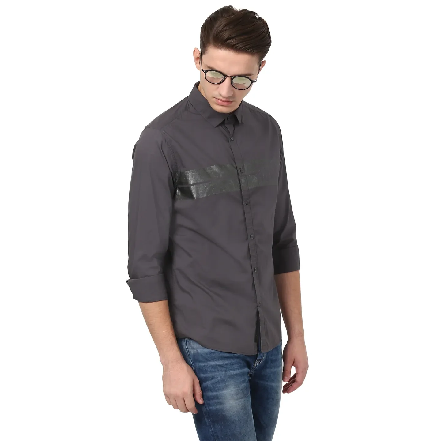 Grey Regular Fit Regular Collar Long Sleeves Cotton Men's Shirt by Being Human Clothing