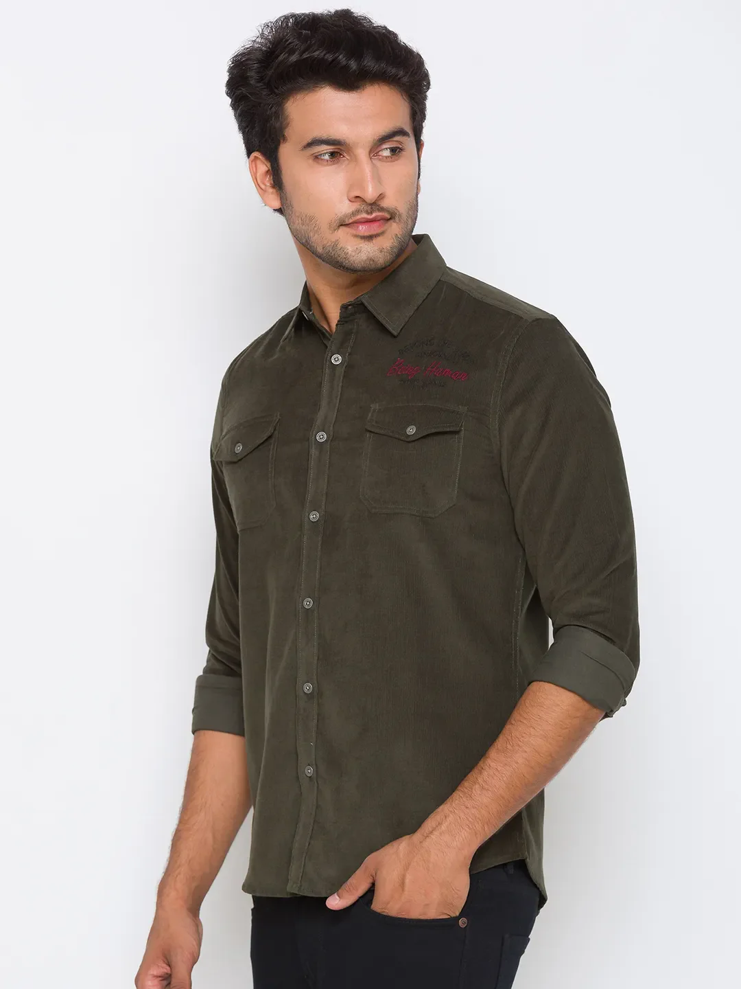 Green Slim Straight Fit Regular Collar Long Sleeves Cotton Men's Shirt by Being Human Clothing - Image 2