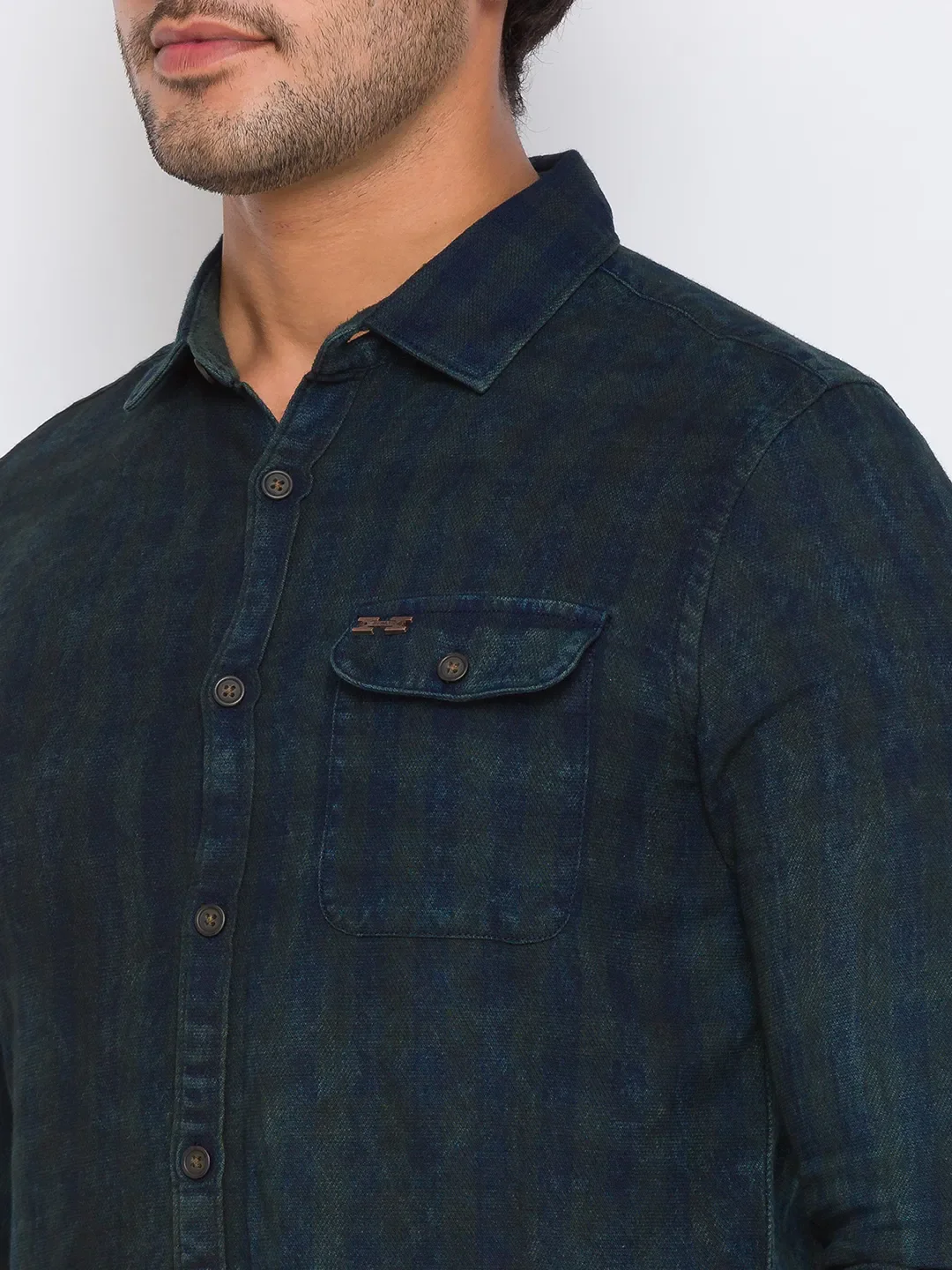 Green Slim Straight Fit Regular Collar Long Sleeves Cotton Men's Shirt by Being Human Clothing - Image 3