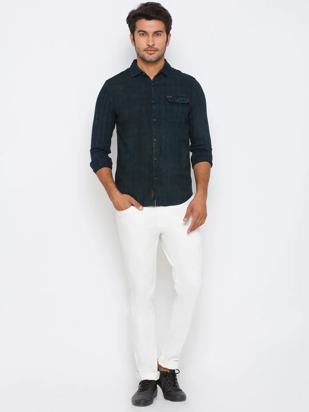 Green Slim Straight Fit Regular Collar Long Sleeves Cotton Men's Shirt by Being Human Clothing - Image 4