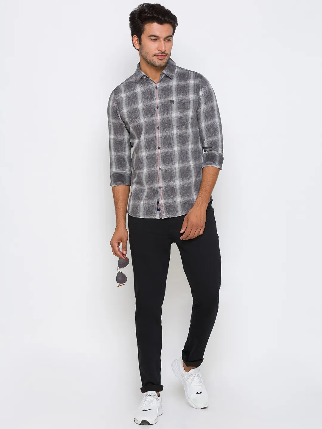 Grey Slim Straight Fit Regular Collar Long Sleeves Cotton Men's Shirt by Being Human Clothing - Image 5