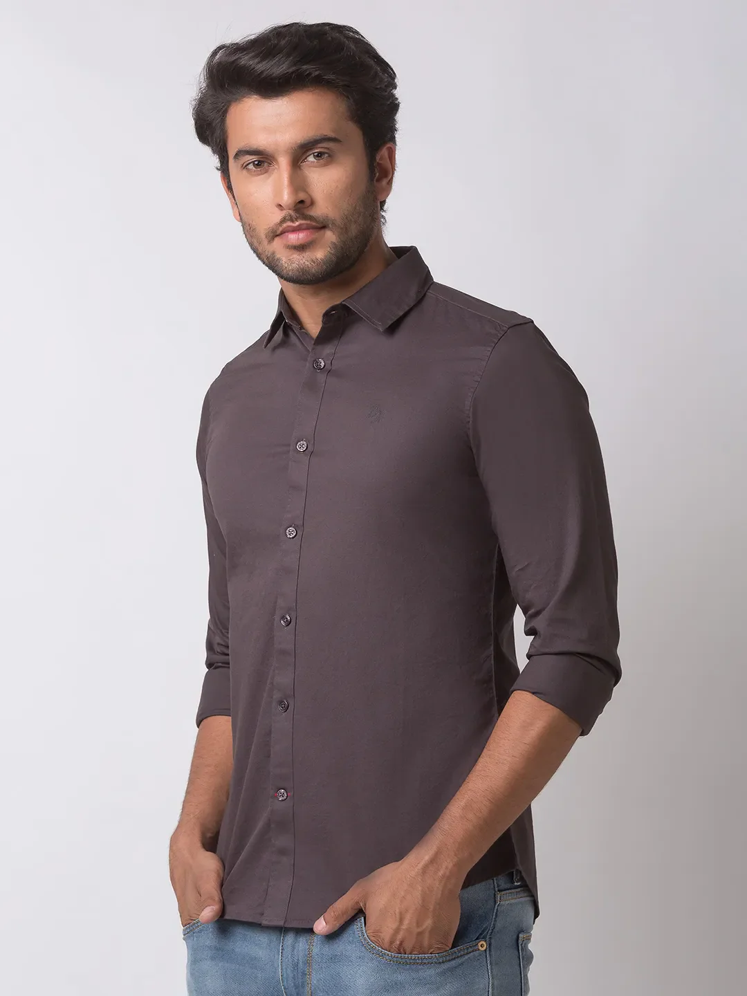 Grey Slim Straight Fit Regular Collar Long Sleeves Cotton Men's Shirt by Being Human Clothing - Image 2