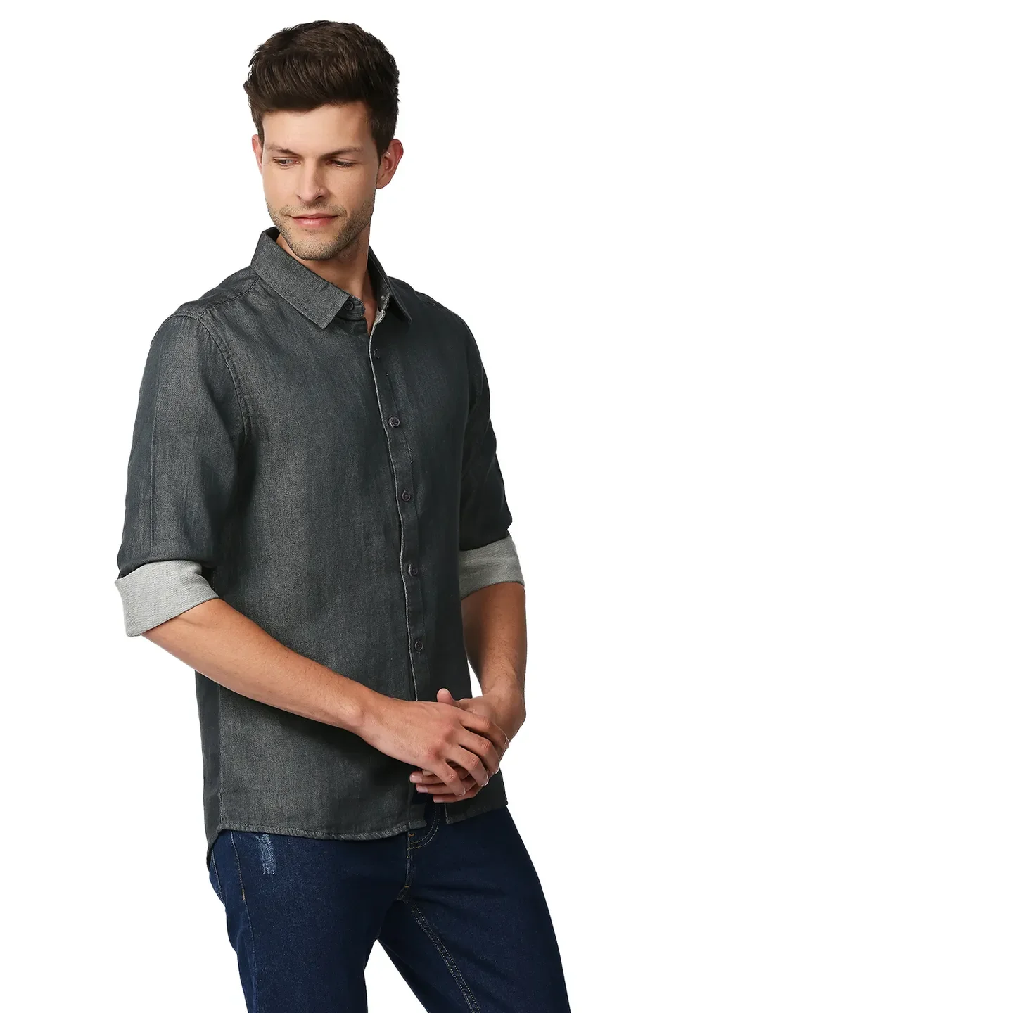 Grey Slim Straight Fit Regular Collar Long Sleeves Men's Shirt by Being Human Clothing - Image 3