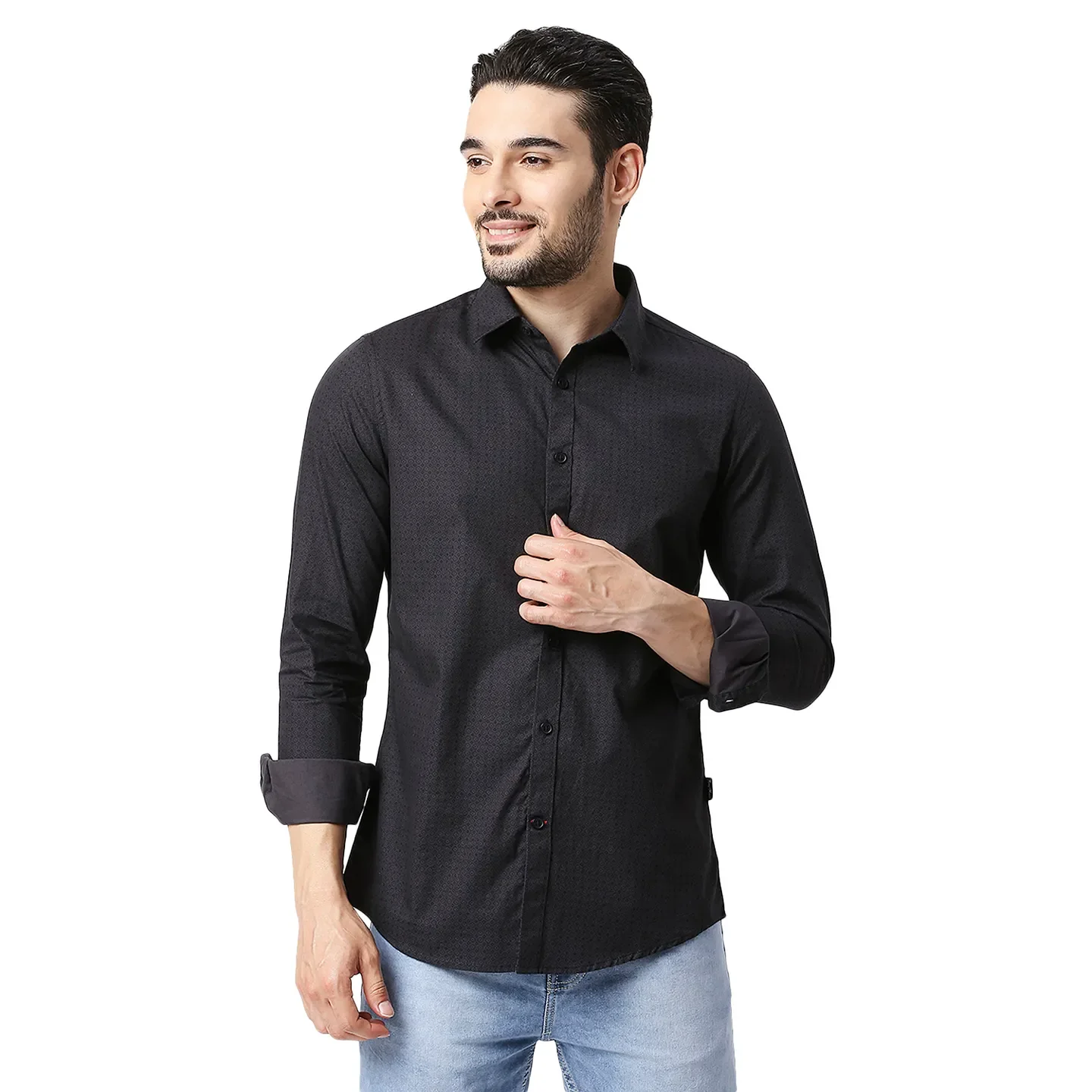 Grey Slim Straight Fit Regular Collar Long Sleeves Cotton Men's Shirt by Being Human Clothing