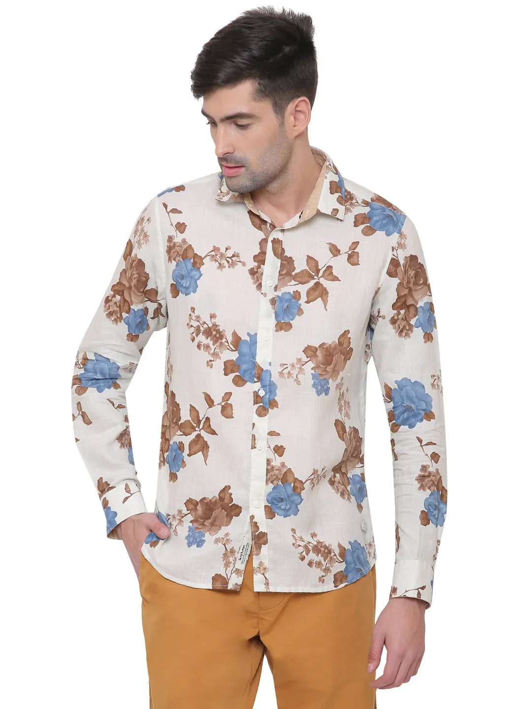Beige Slim Straight Fit Regular Collar Long Sleeves Cotton Men's Shirt by Being Human Clothing - Image 2