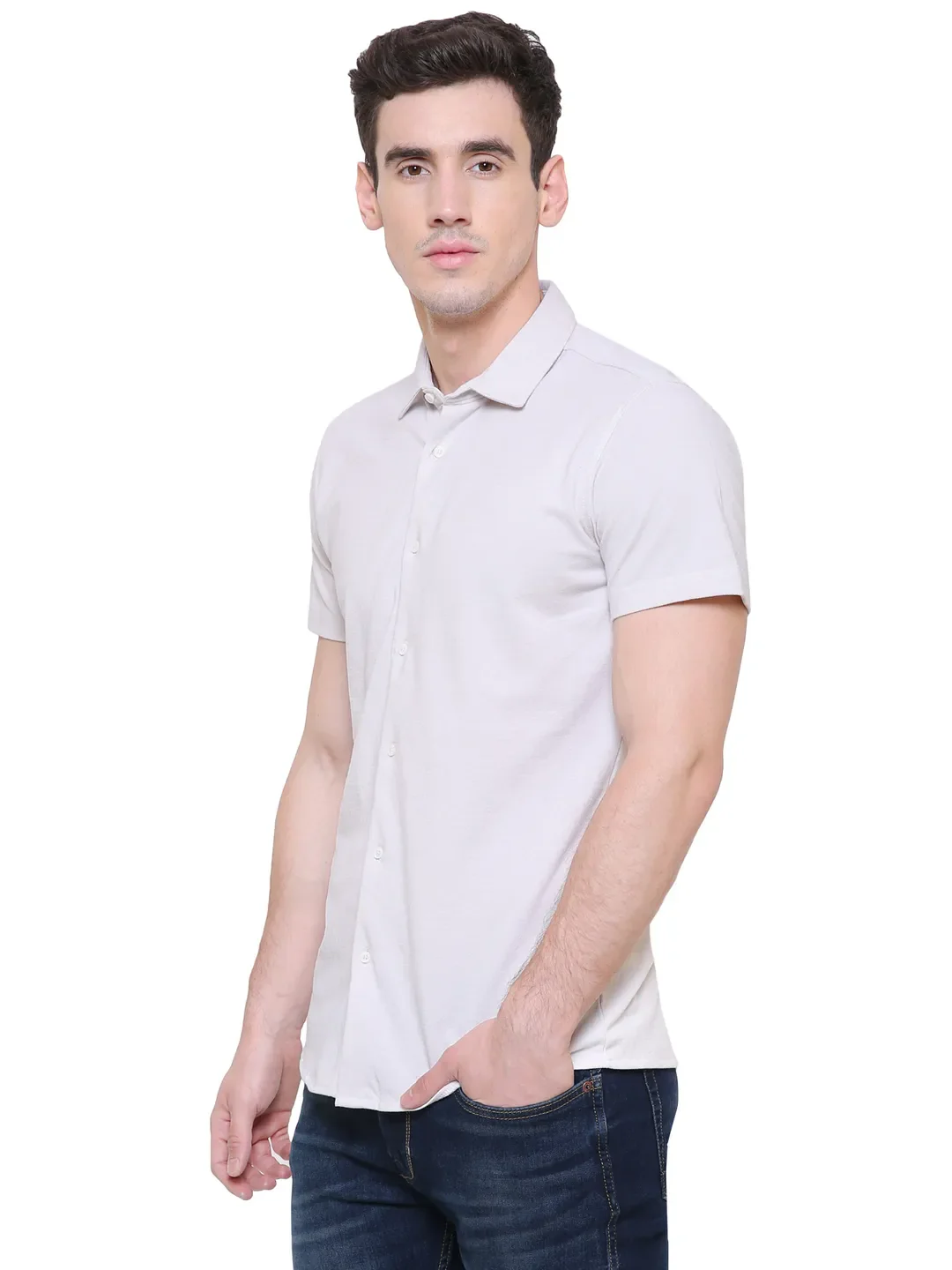 Beige Slim Straight Fit Regular Collar Short Sleeves Men's Shirt by Being Human Clothing - Image 3