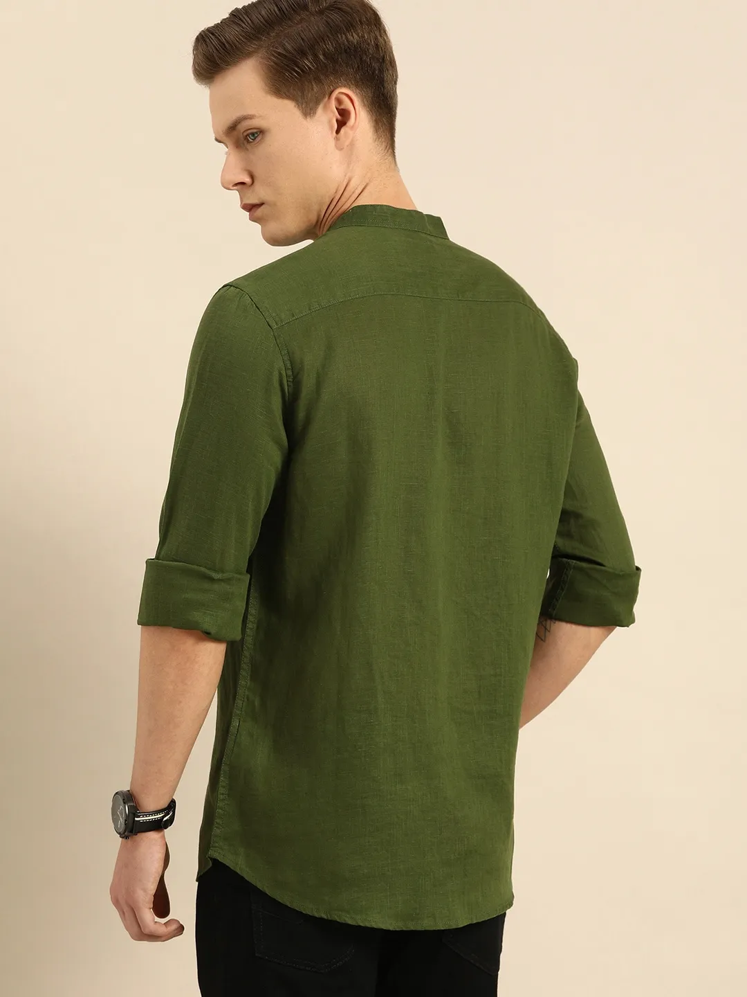 Green Slim Straight Fit Mandarin Collar Long Sleeves Cotton Men's Shirt by Being Human Clothing - Image 3