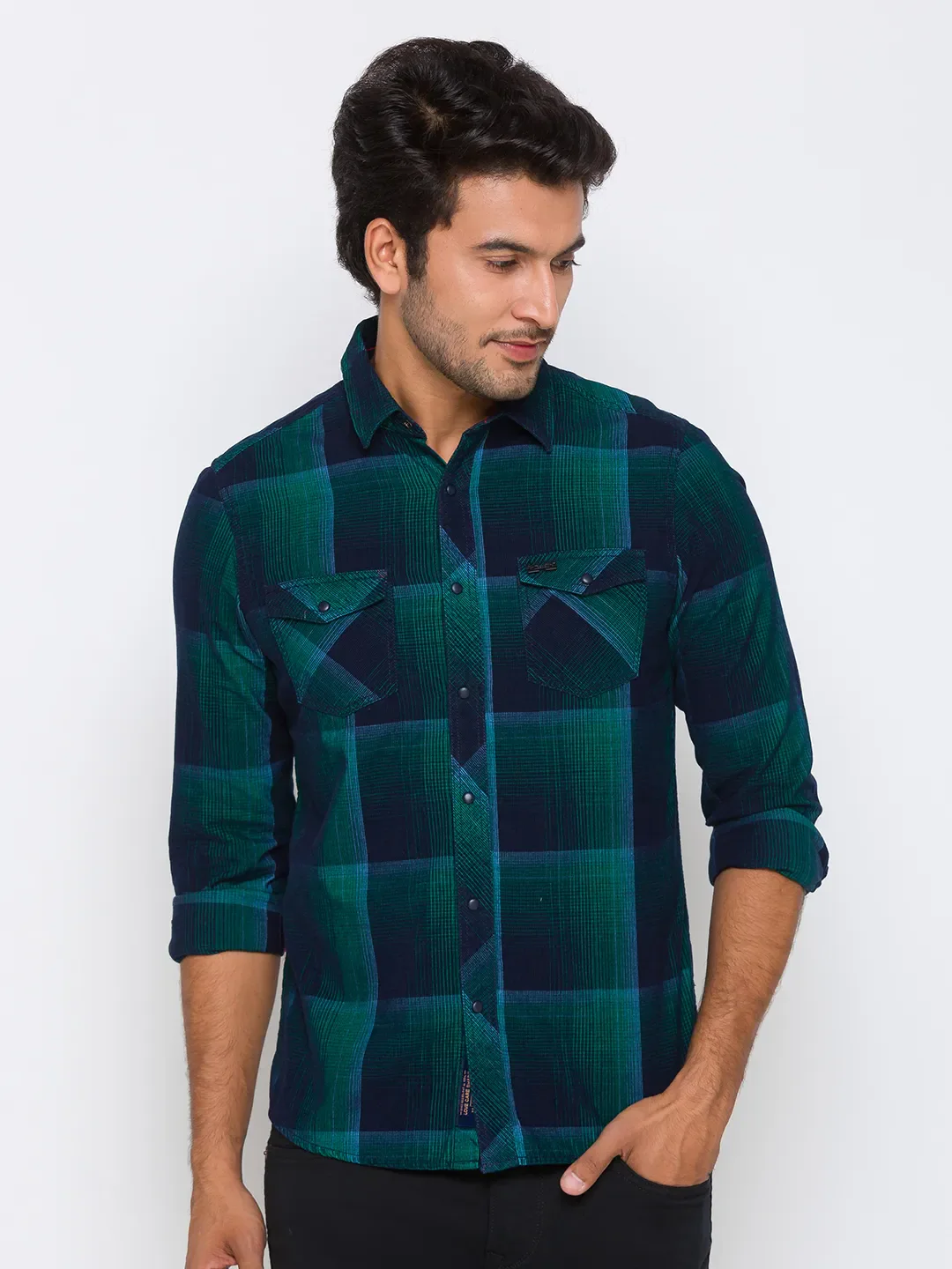 Green Slim Straight Fit Regular Collar Long Sleeves Cotton Men's Shirt by Being Human Clothing