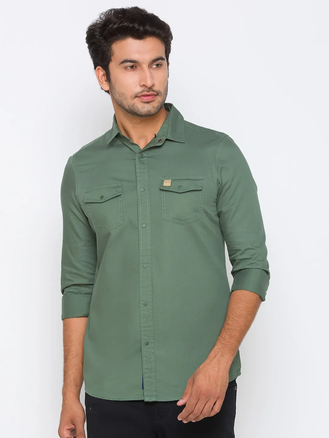 Green Slim Straight Fit Regular Collar Long Sleeves Cotton Men's Shirt by Being Human Clothing