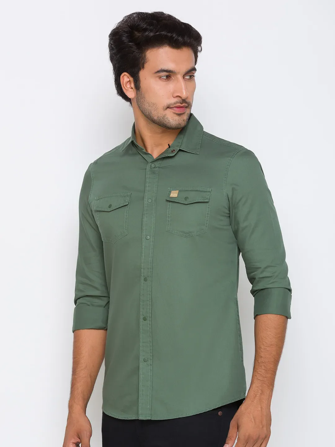 Green Slim Straight Fit Regular Collar Long Sleeves Cotton Men's Shirt by Being Human Clothing - Image 2
