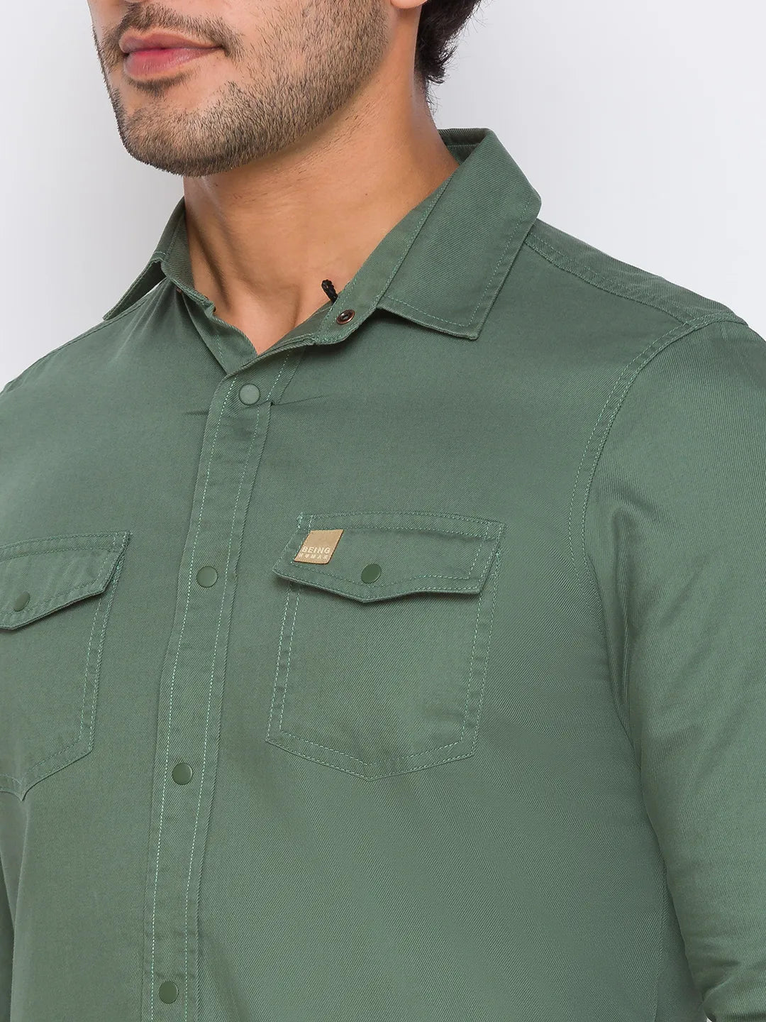 Green Slim Straight Fit Regular Collar Long Sleeves Cotton Men's Shirt by Being Human Clothing - Image 4