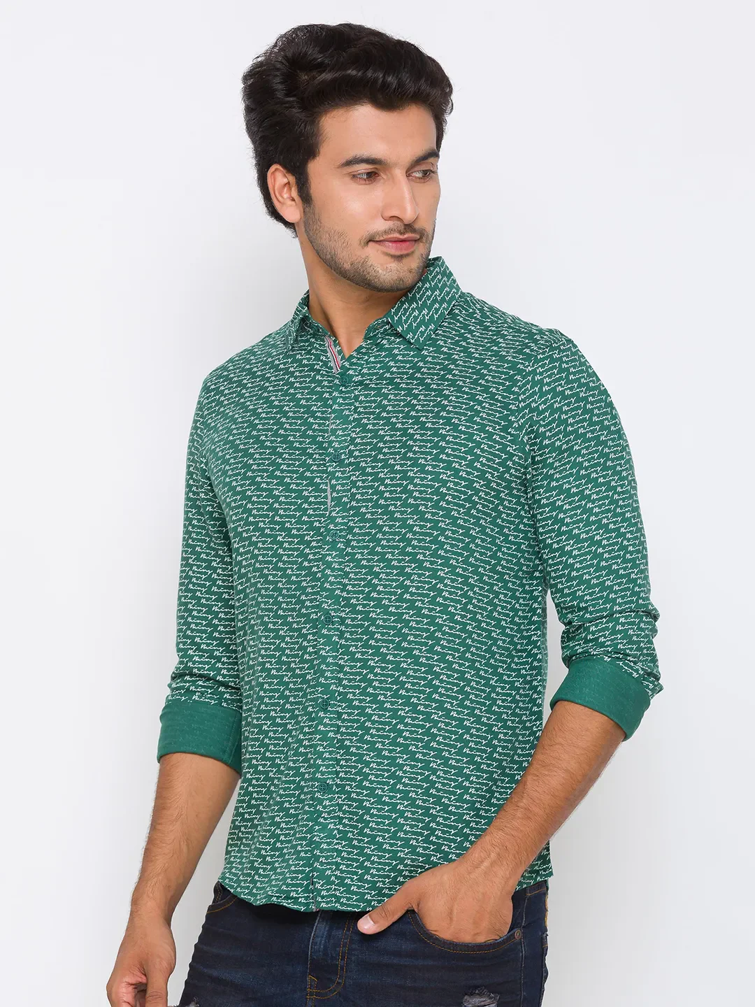 Green Slim Straight Fit Regular Collar Long Sleeves Cotton Men's Shirt by Being Human Clothing - Image 2