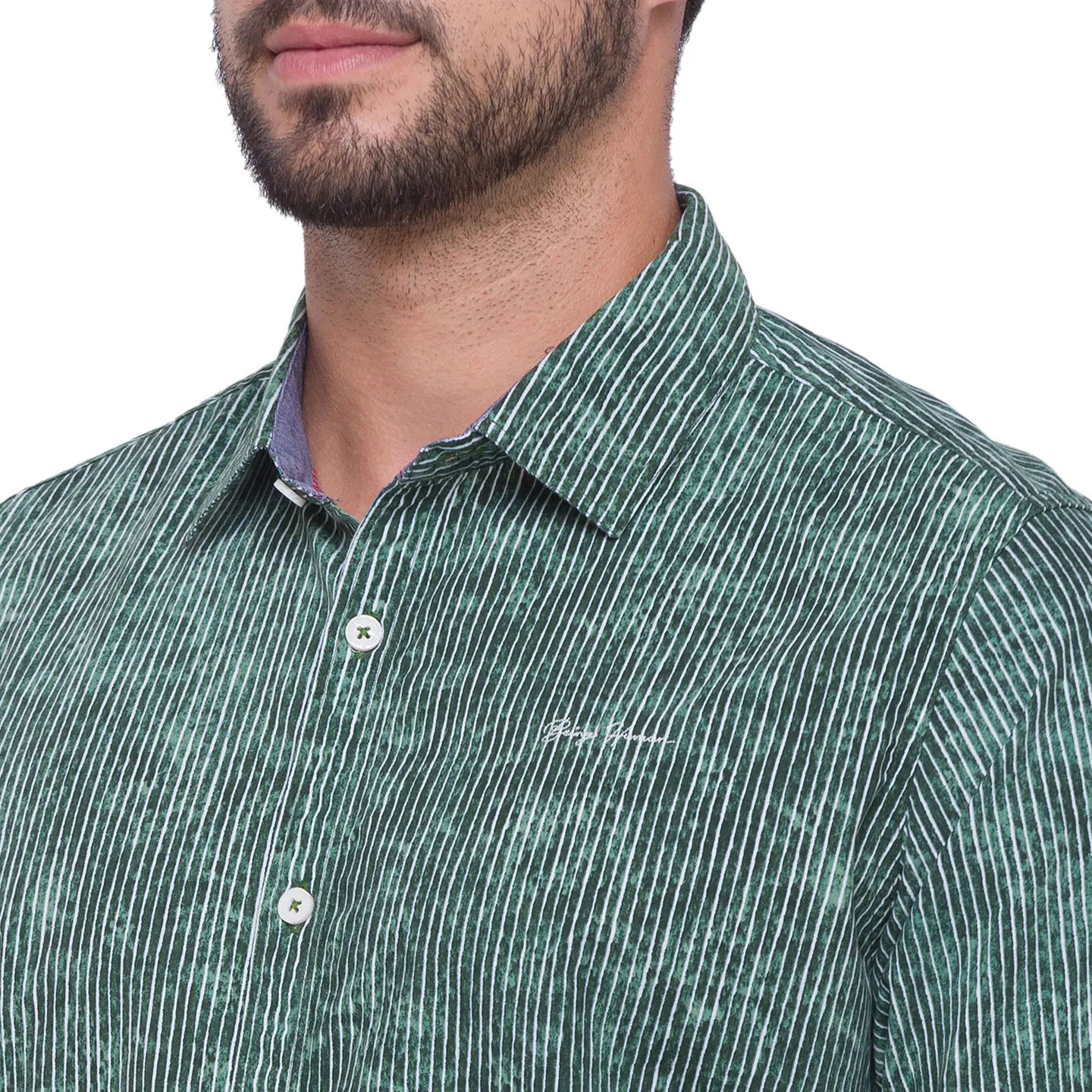 Green Slim Straight Fit Regular Collar Long Sleeves Cotton Men's Shirt by Being Human Clothing - Image 3