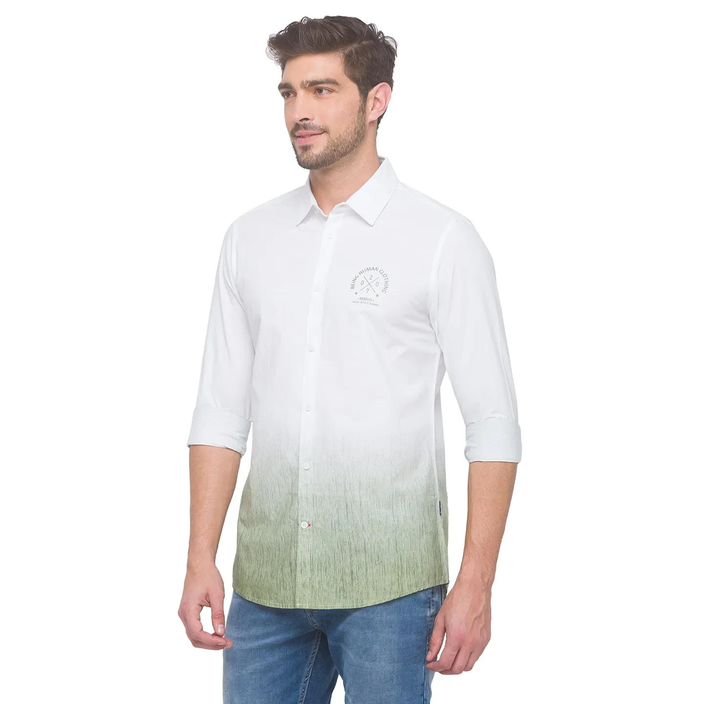 Green Slim Straight Fit Regular Collar Long Sleeves Cotton Men's Shirt by Being Human Clothing - Image 3