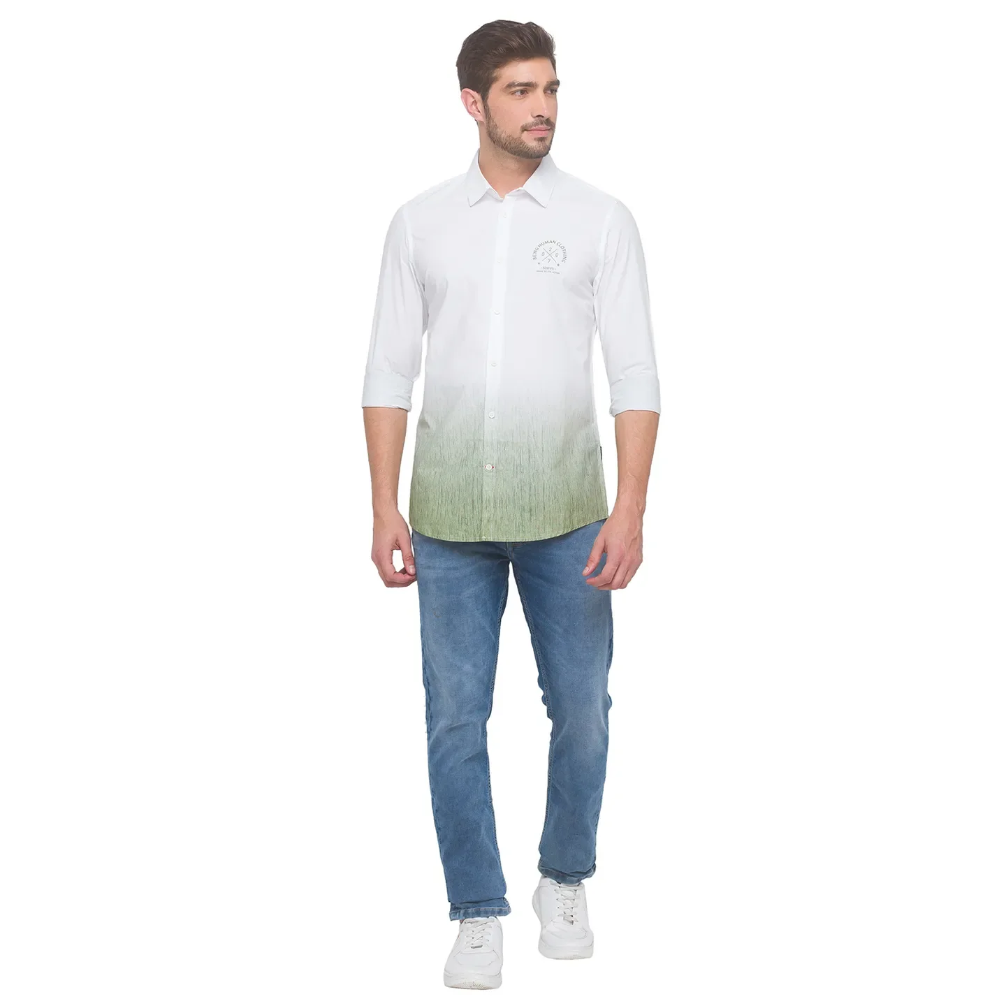 Green Slim Straight Fit Regular Collar Long Sleeves Cotton Men's Shirt by Being Human Clothing - Image 5